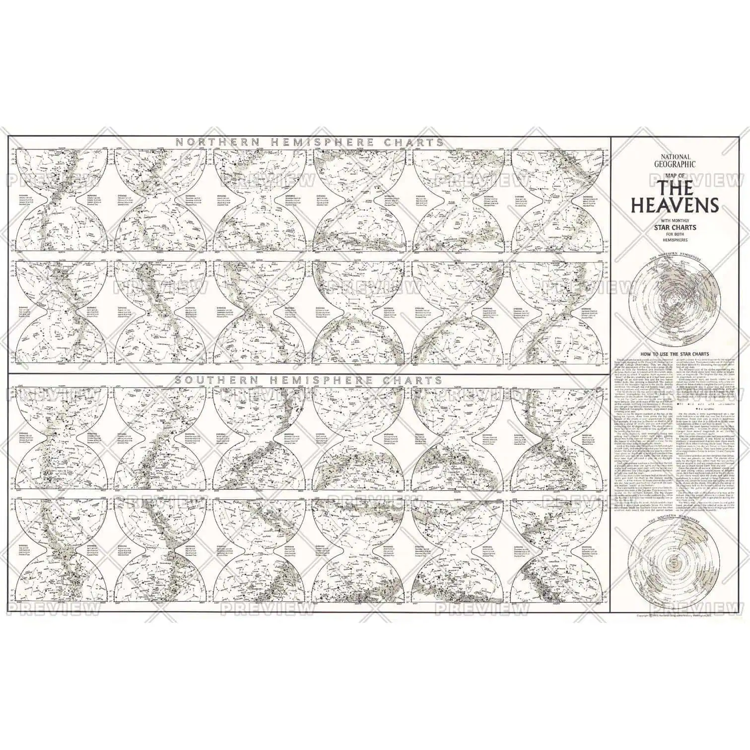 Map of the heavens with star charts for both hemispheres, featuring detailed celestial navigation and astronomical guides, ideal for map enthusiasts and stargazing experts.