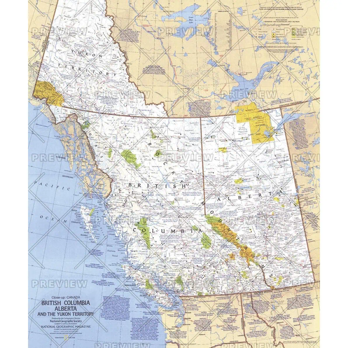 Detailed map of British Columbia, Alberta, and Yukon Territory showing geographical features, city locations, and boundaries for travel planning, outdoor activities, and geographical reference.