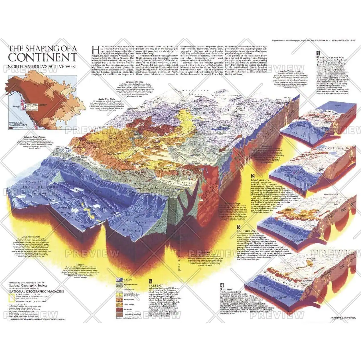 Colorful topographic map of North America's active western region, illustrating geological and geographical features, plate tectonics, and Earth's history with detailed 3D elevation data for outdoor navigation and educational use.