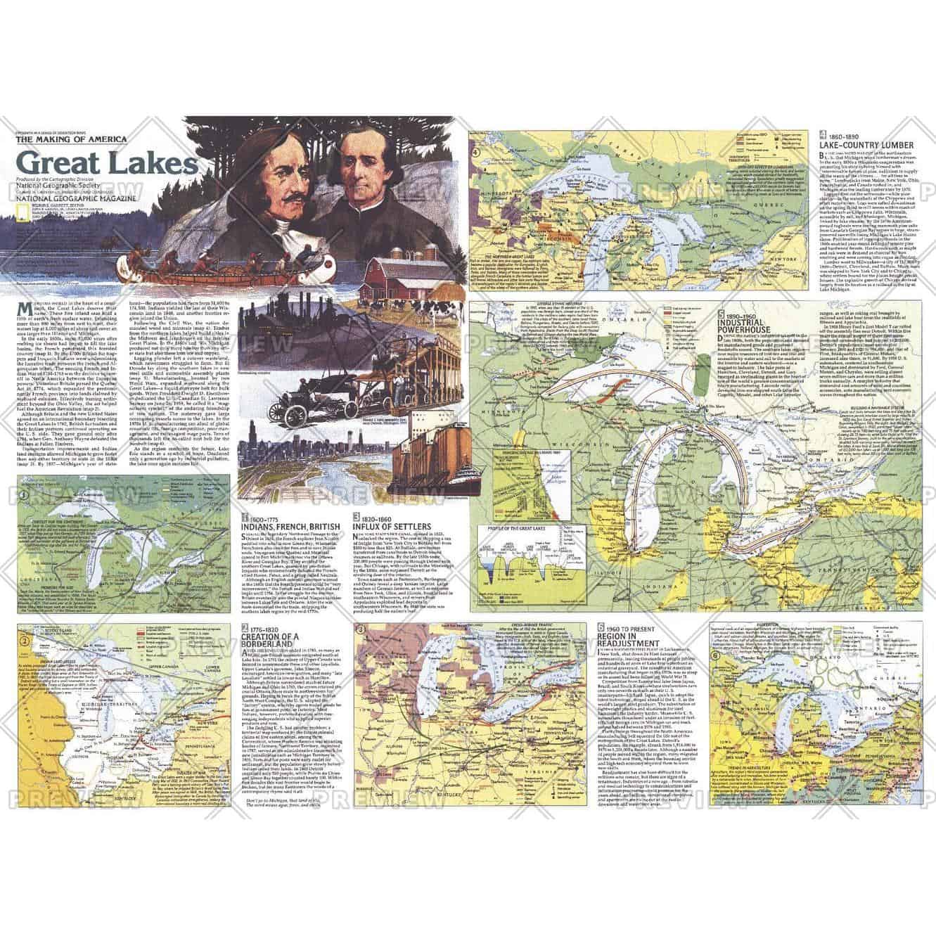 Vintage Great Lakes historical maps with illustrations and detailed geographic information, perfect for map enthusiasts and collectors.