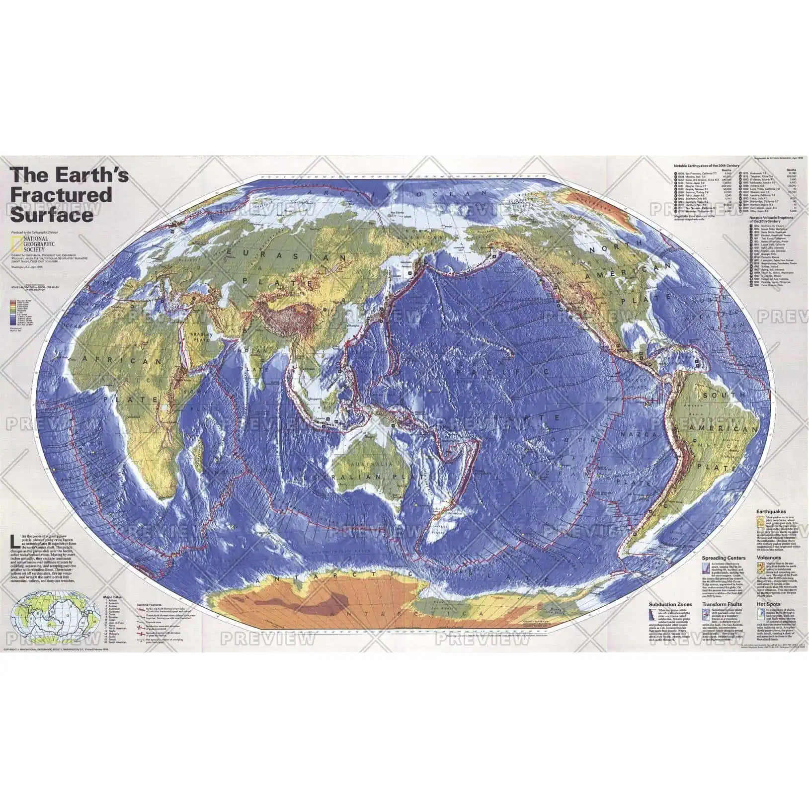 Detailed map of Earth's fractured surface showing tectonic plates, earthquake zones, volcanoes, and subduction areas, essential for geography enthusiasts, educators, and geologists.