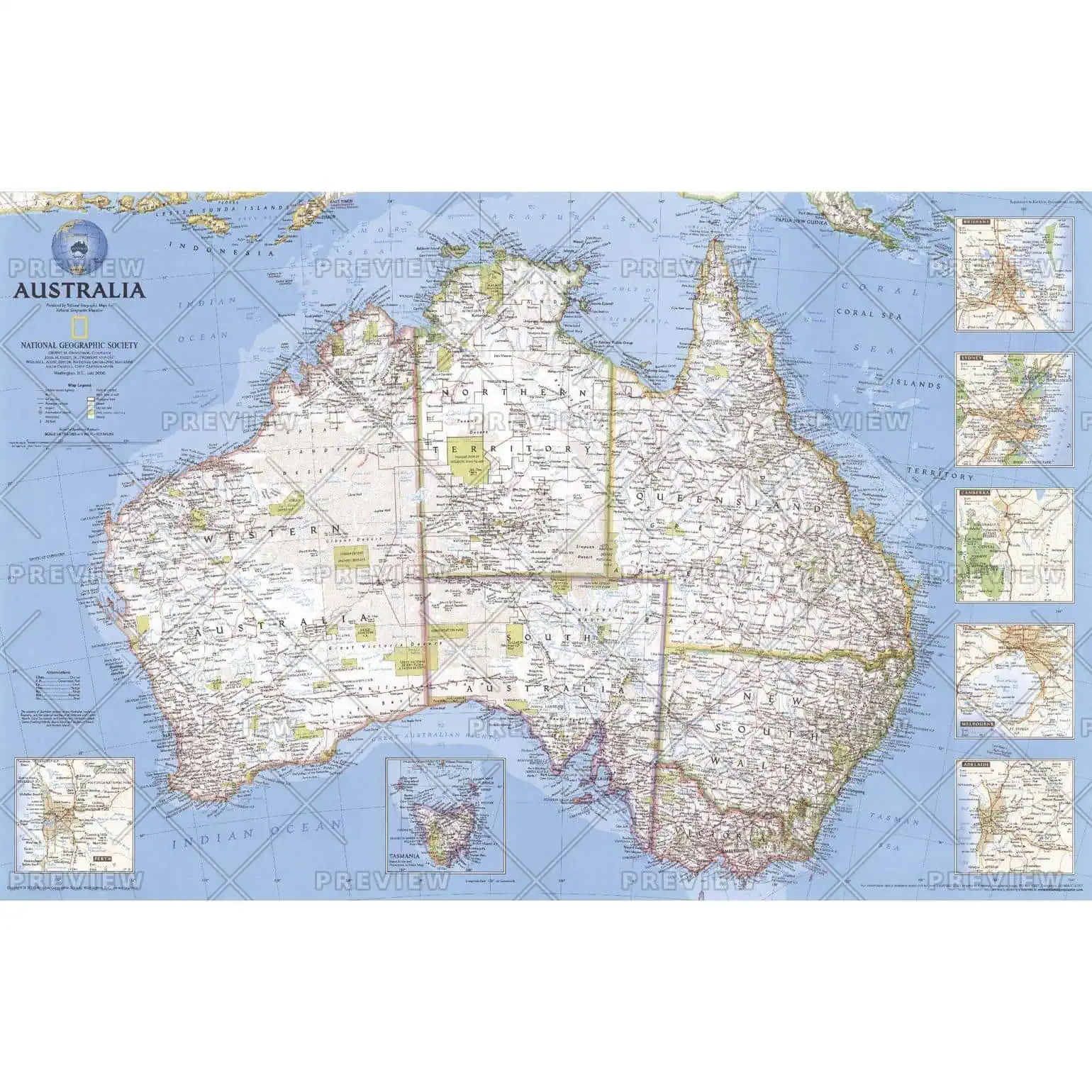 Detailed map of Australia with labeled states, cities, and geographic features, suitable for navigation, travel planning, and educational purposes. High-quality political map by The Map Shop.