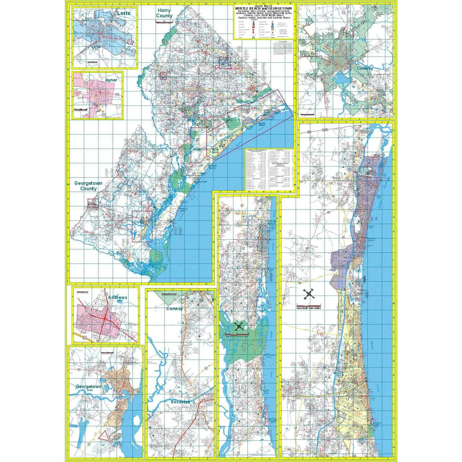 Detailed regional map of Myrtle Beach and surrounding areas in South Carolina, showcasing highways, roads, and geographical features for accurate navigation.