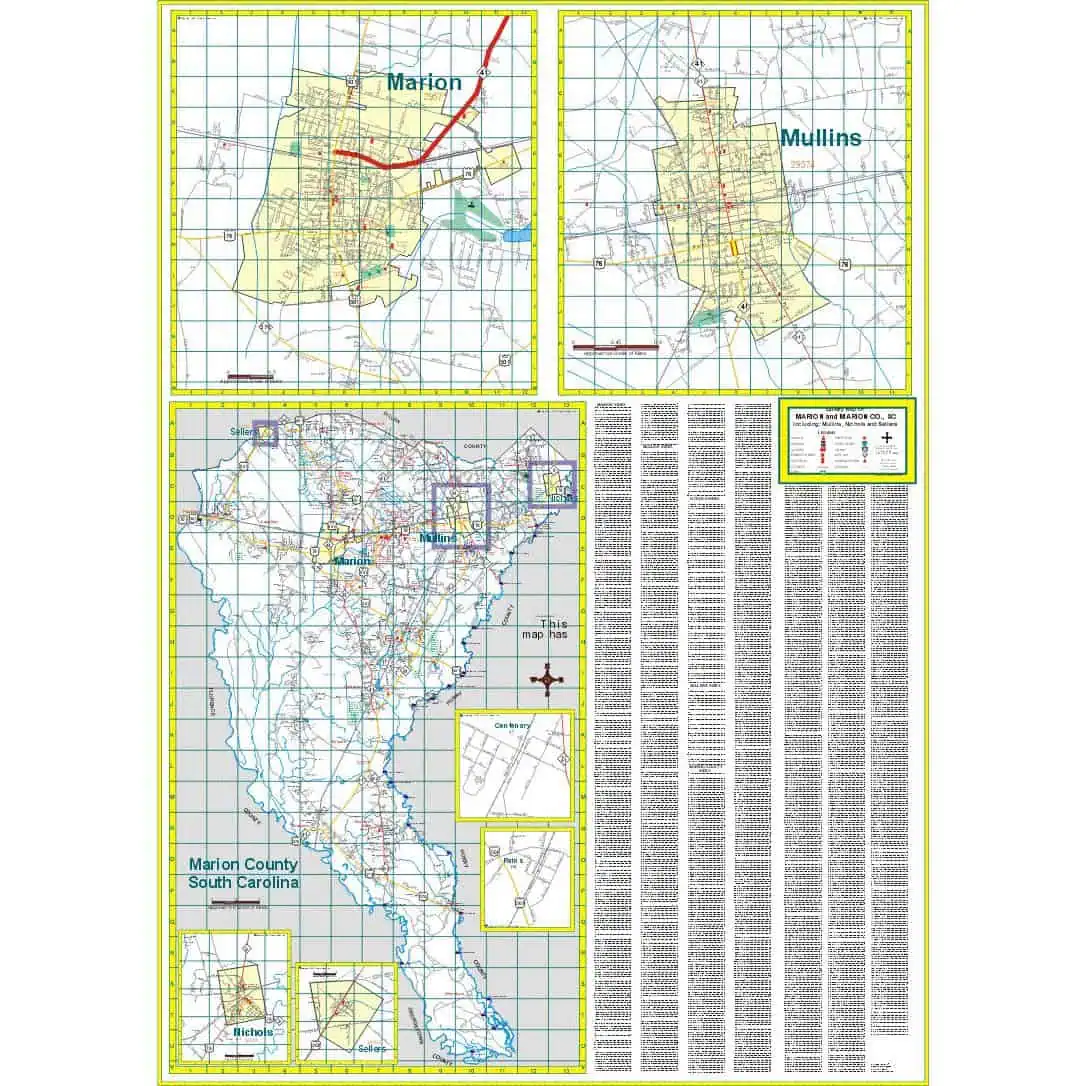 Detailed map of Marion County South Carolina, including city streets, highways, landmarks, and inset maps for smaller towns like Nichols and Sellers, ideal for navigation and geographic reference.