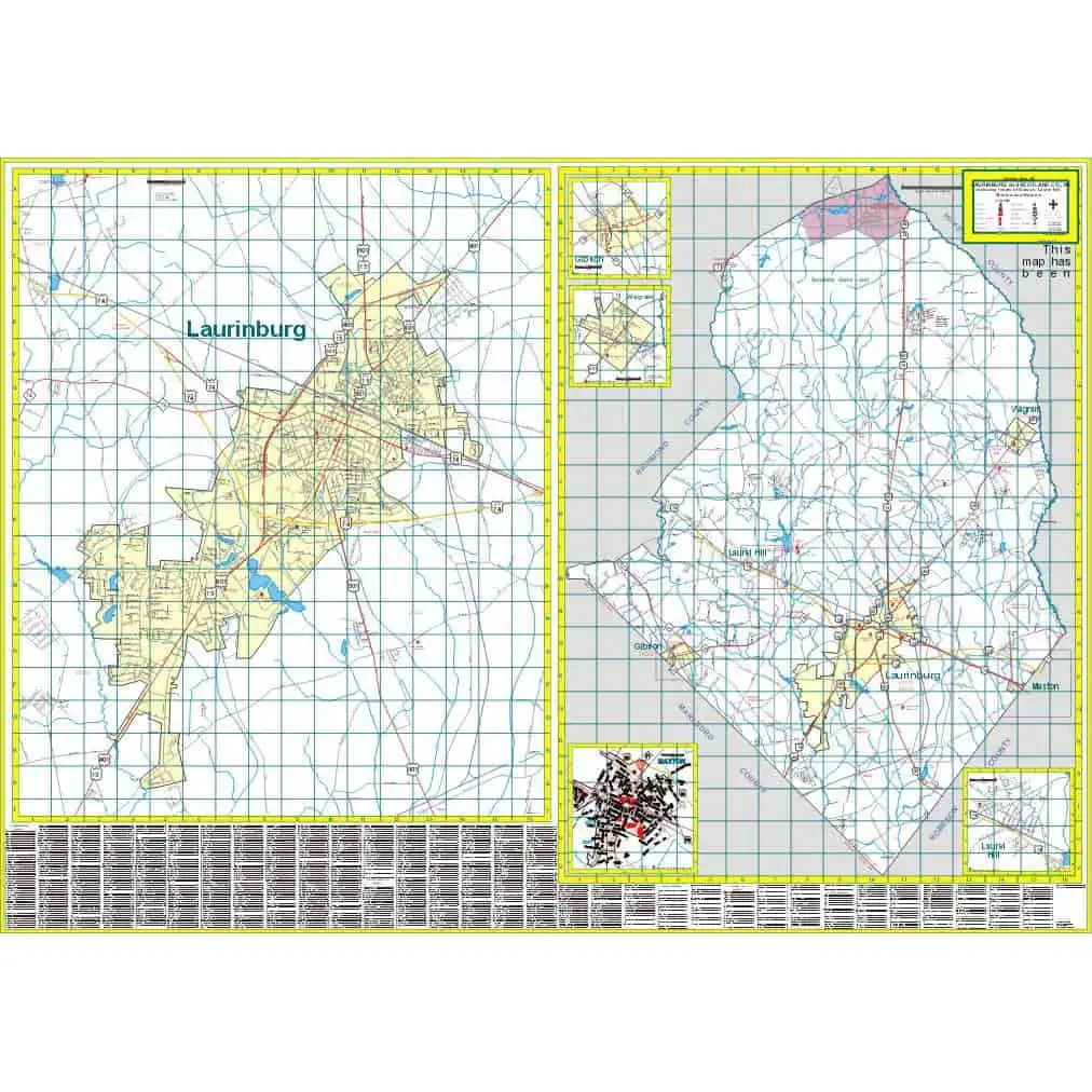 Detailed city and regional maps of Laurinburg, North Carolina, featuring roadways, waterways, and geographic features, ideal for travelers, hikers, and map enthusiasts.
