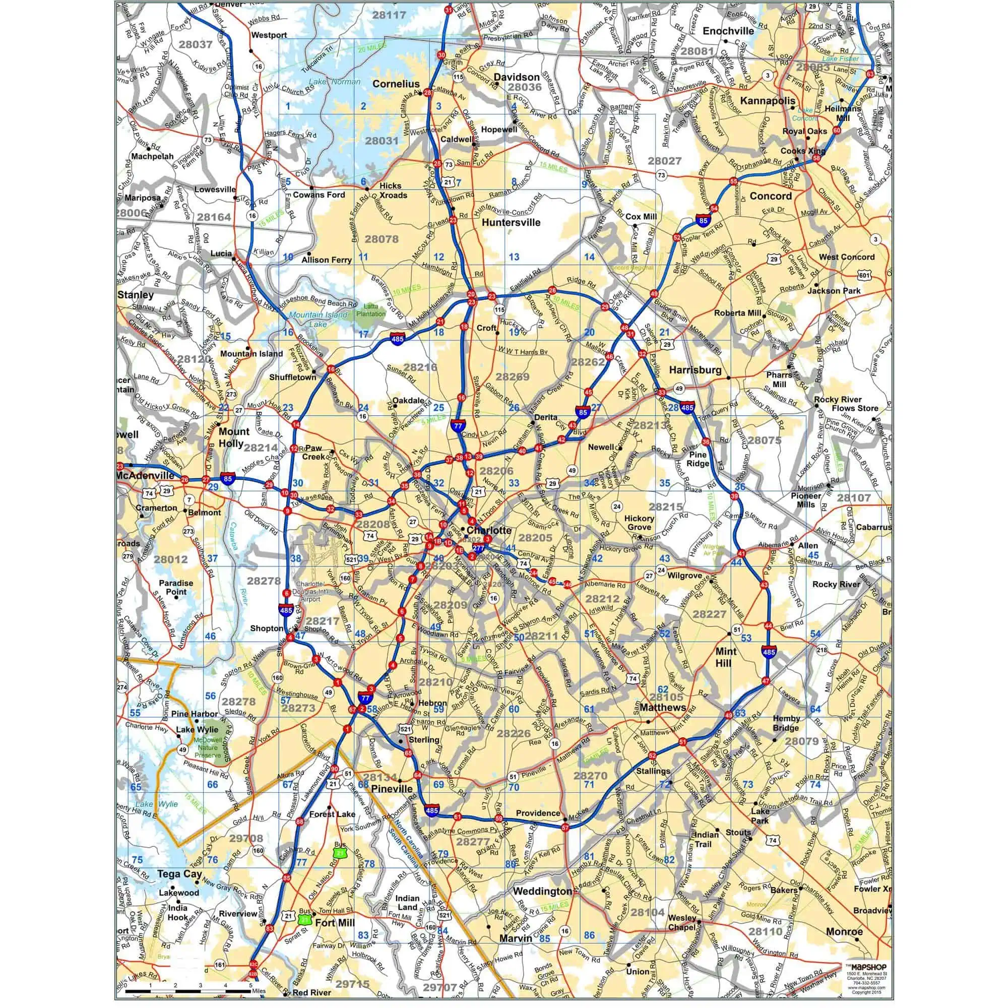 Detailed map of Charlotte and surrounding North Carolina areas highlighting major highways, streets, neighborhoods, and geographic features. Essential for navigation, travel planning, and geographic reference.
