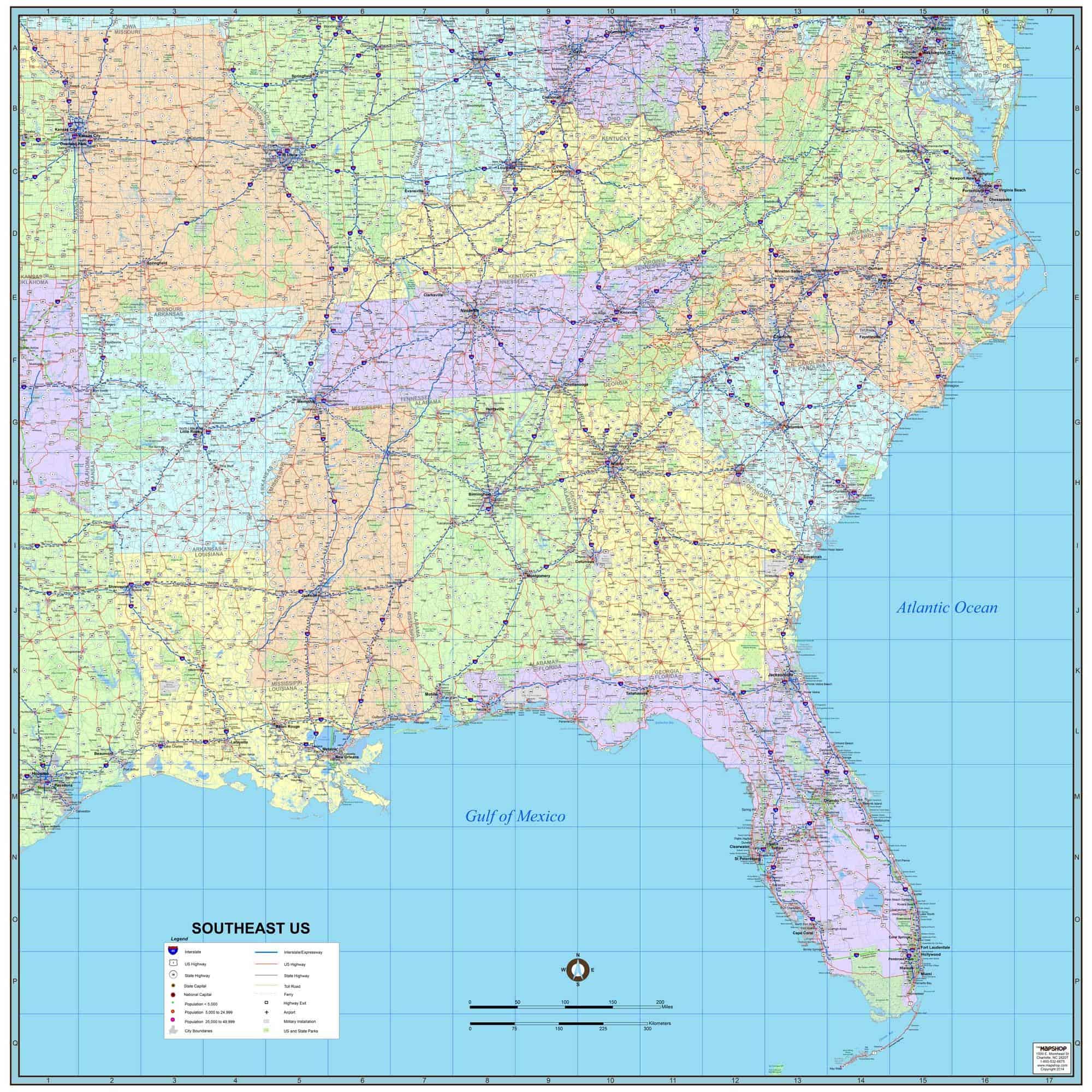 Southeast US Wall Map Regional Coverage By Map Shop 
