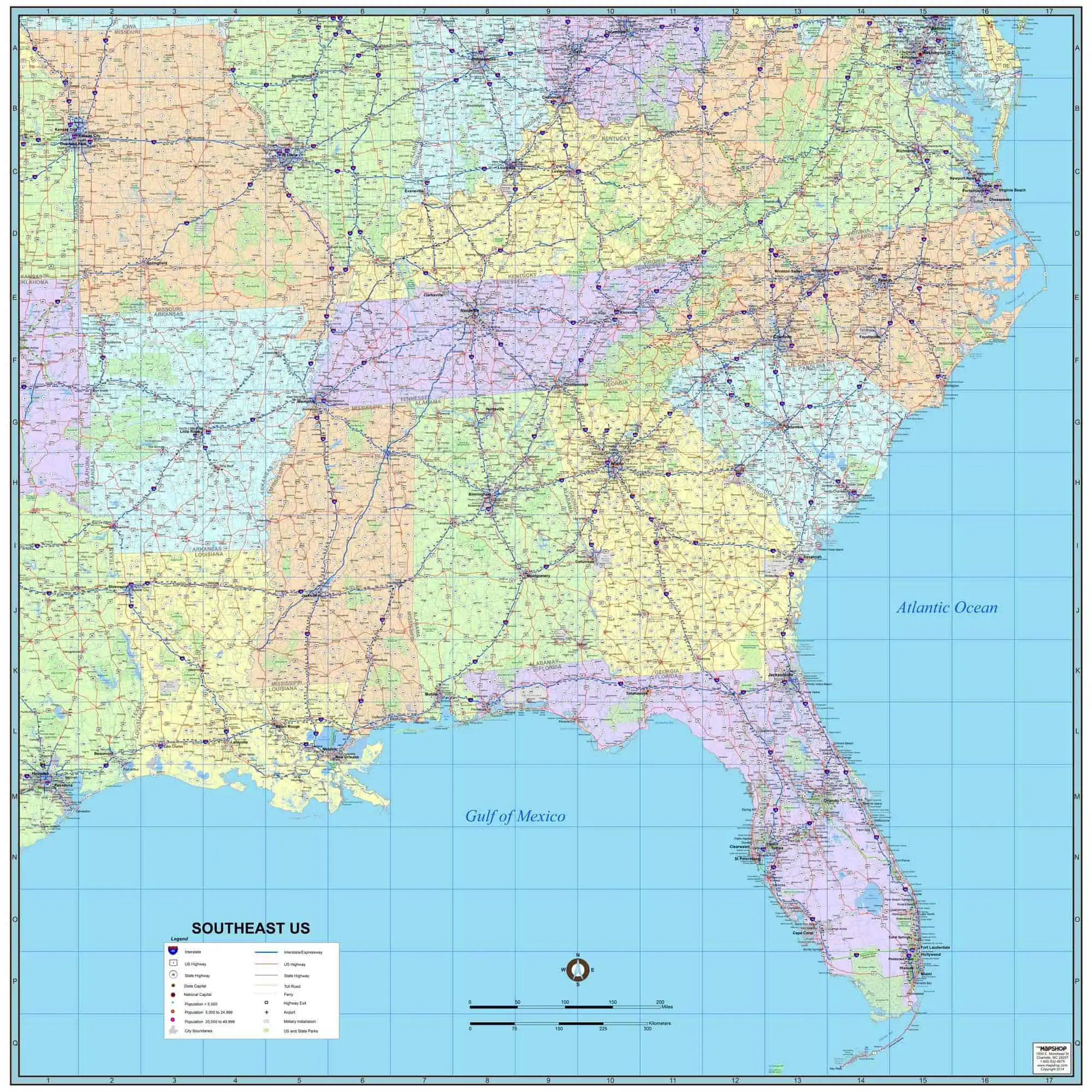 High-resolution map of Southeast US with detailed highways, cities, and geographic features, ideal for travelers, navigation, and planning trips.