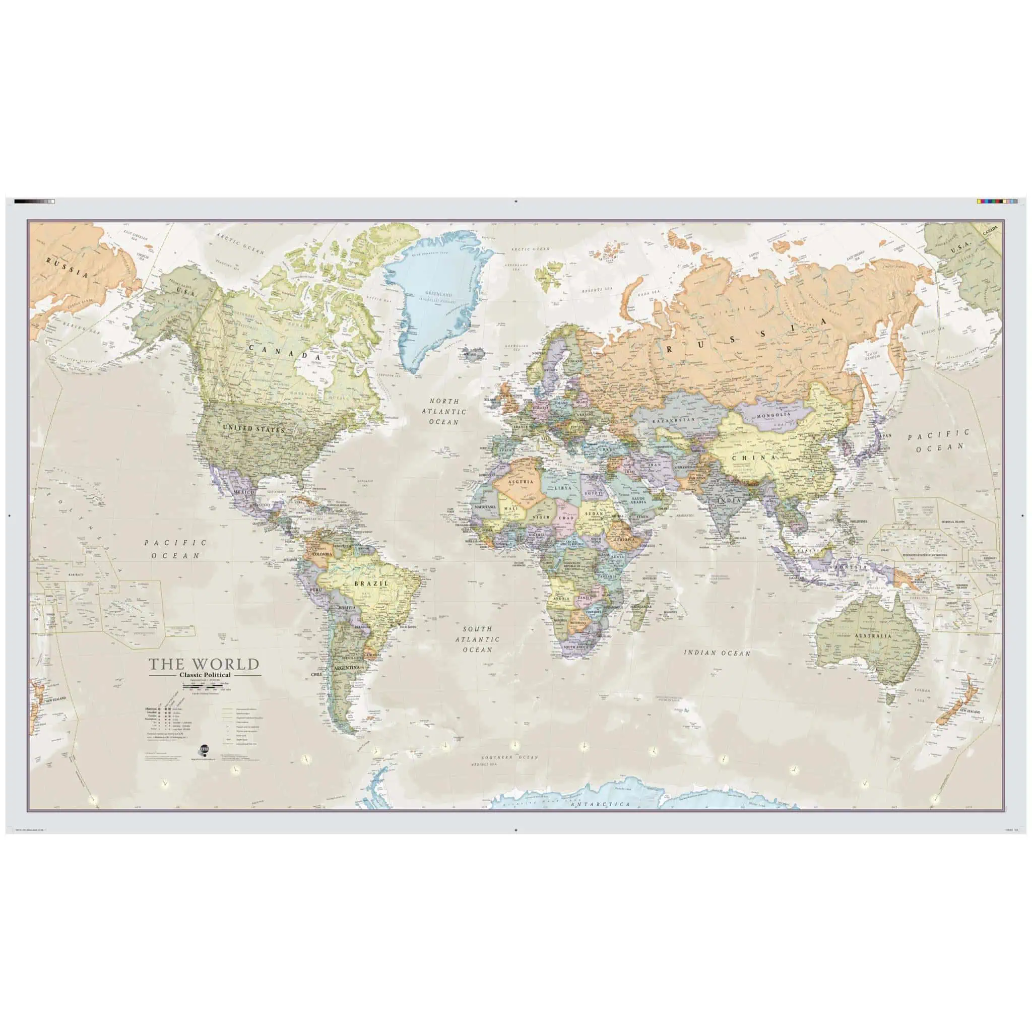 Detailed vintage world map with political borders, countries, and major cities, ideal for educational purposes, travel planning, or wall decor. Features a classic, colorful design for map enthusiasts.