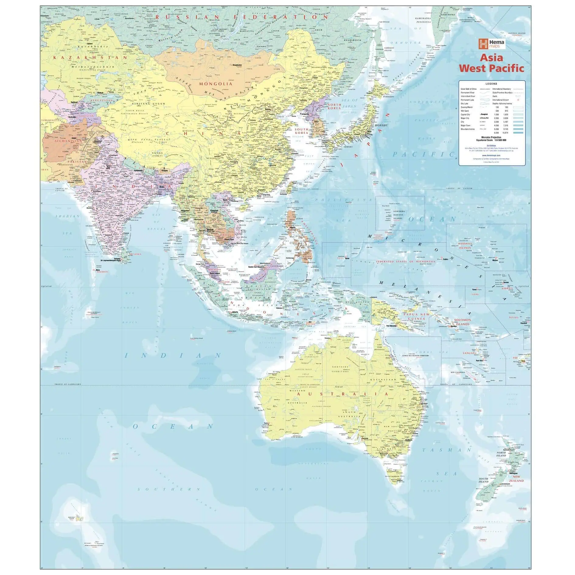 Detailed Asia West Pacific political map with country borders and major cities for travel planning and geographic reference.