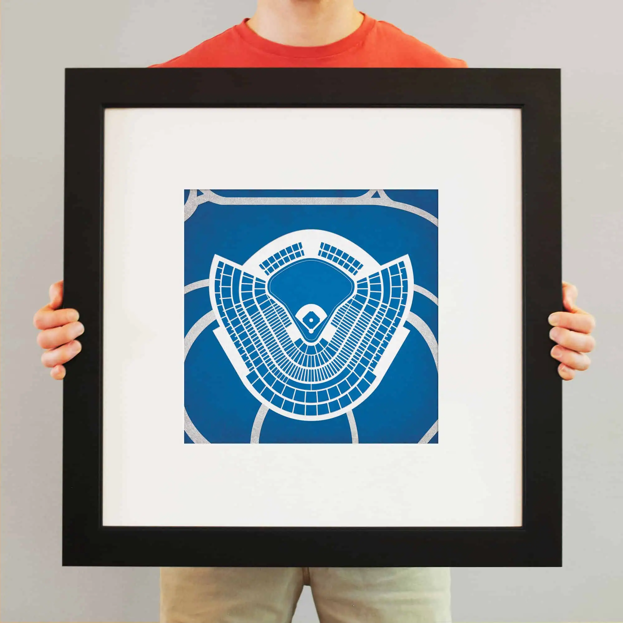 Colorful baseball stadium map artwork print for sports fans and sports enthusiasts, framed for home or office decor, with vibrant blue, white, and gray design elements.