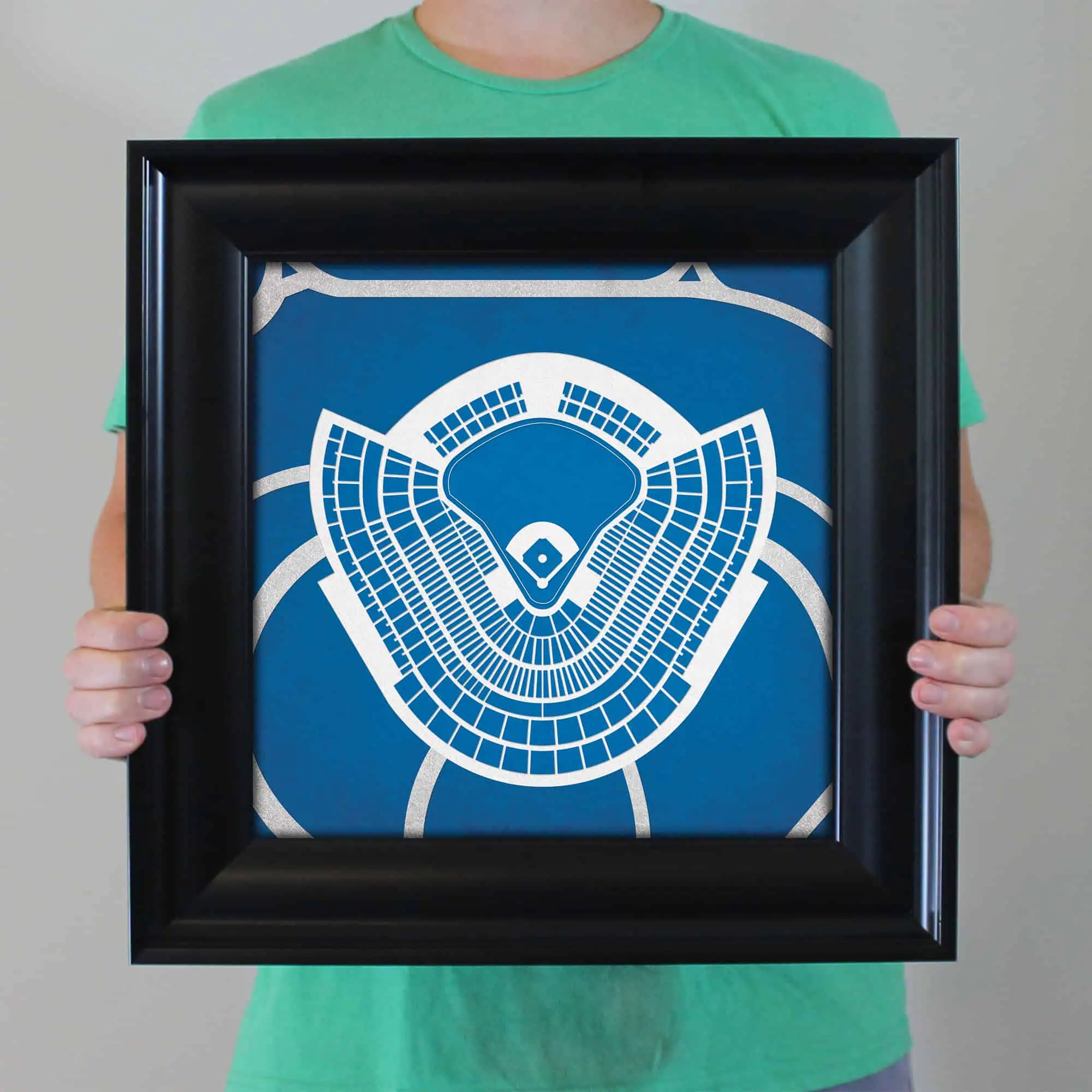 Detailed map of a baseball stadium artwork in a black frame, showcasing the sports venue layout. Perfect for sports enthusiasts, stadium map collectors, and baseball fans seeking accurate stadium visuals.