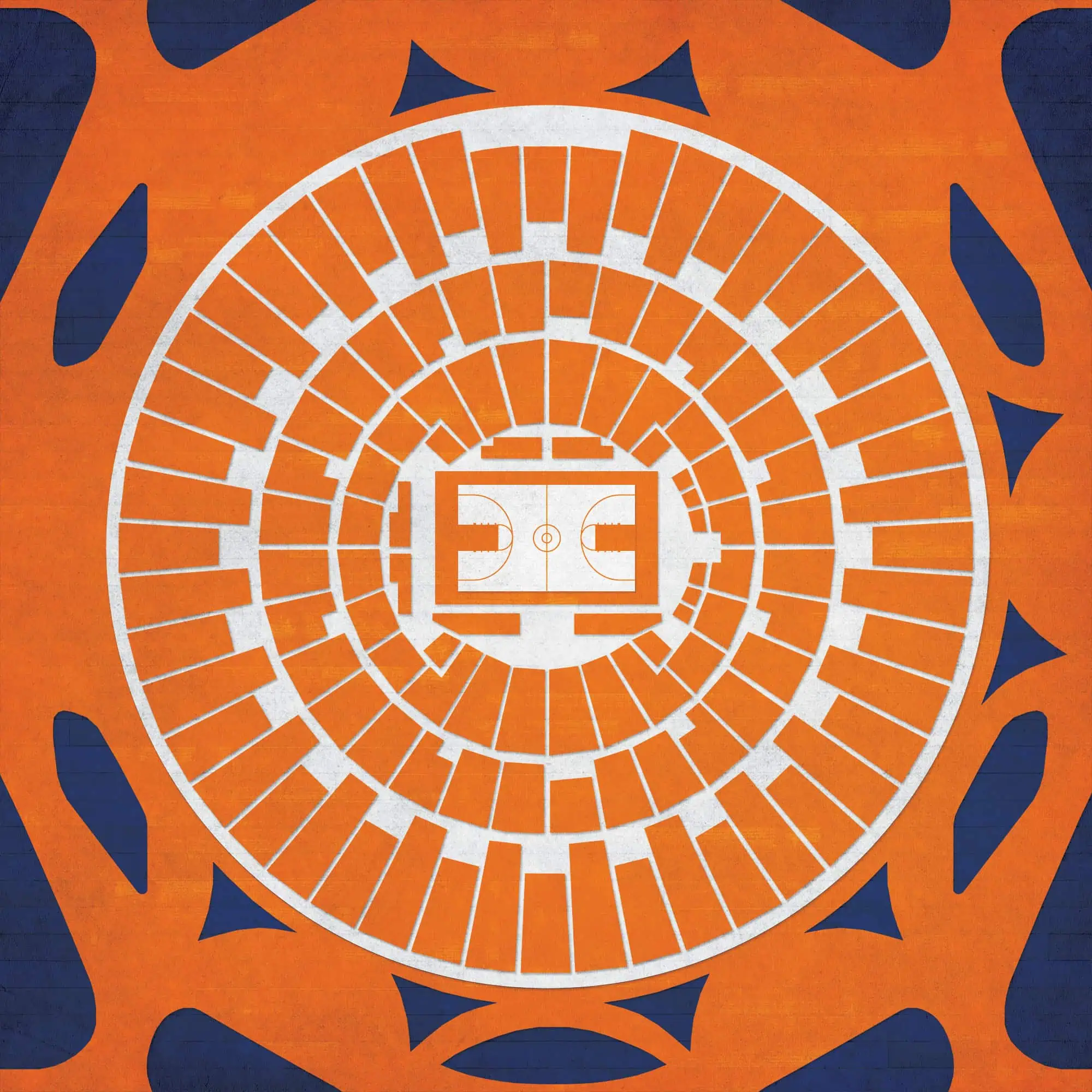 Bright orange basketball stadium seating arrangement with a white court, designed in a circular pattern, ideal for sports maps, arena layouts, and basketball venue navigation.