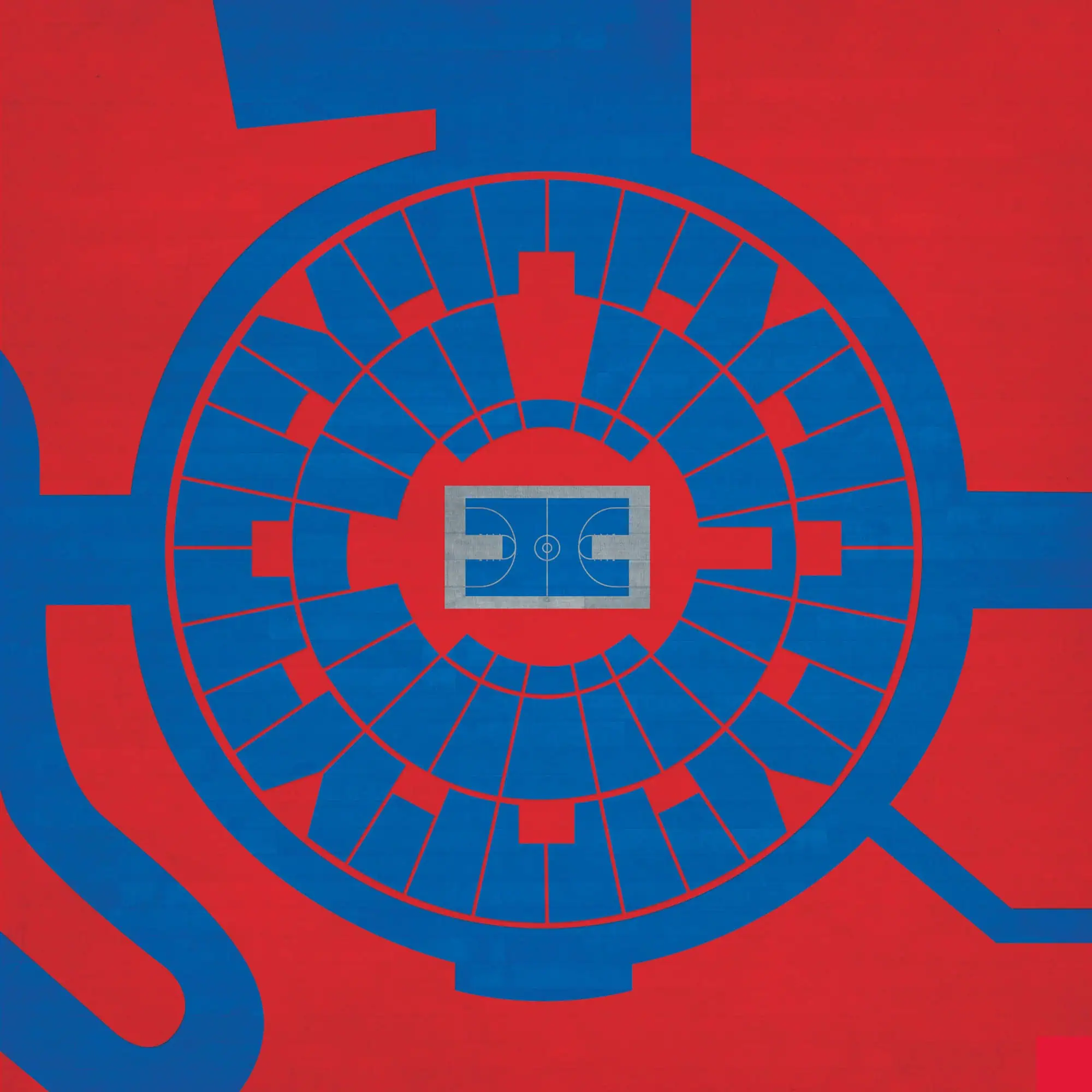 Aerial view of a basketball court with surrounding seating area in a sports stadium, featuring vibrant red and blue colors, perfect for sports.maps, stadiummaps, and basketball game guides.