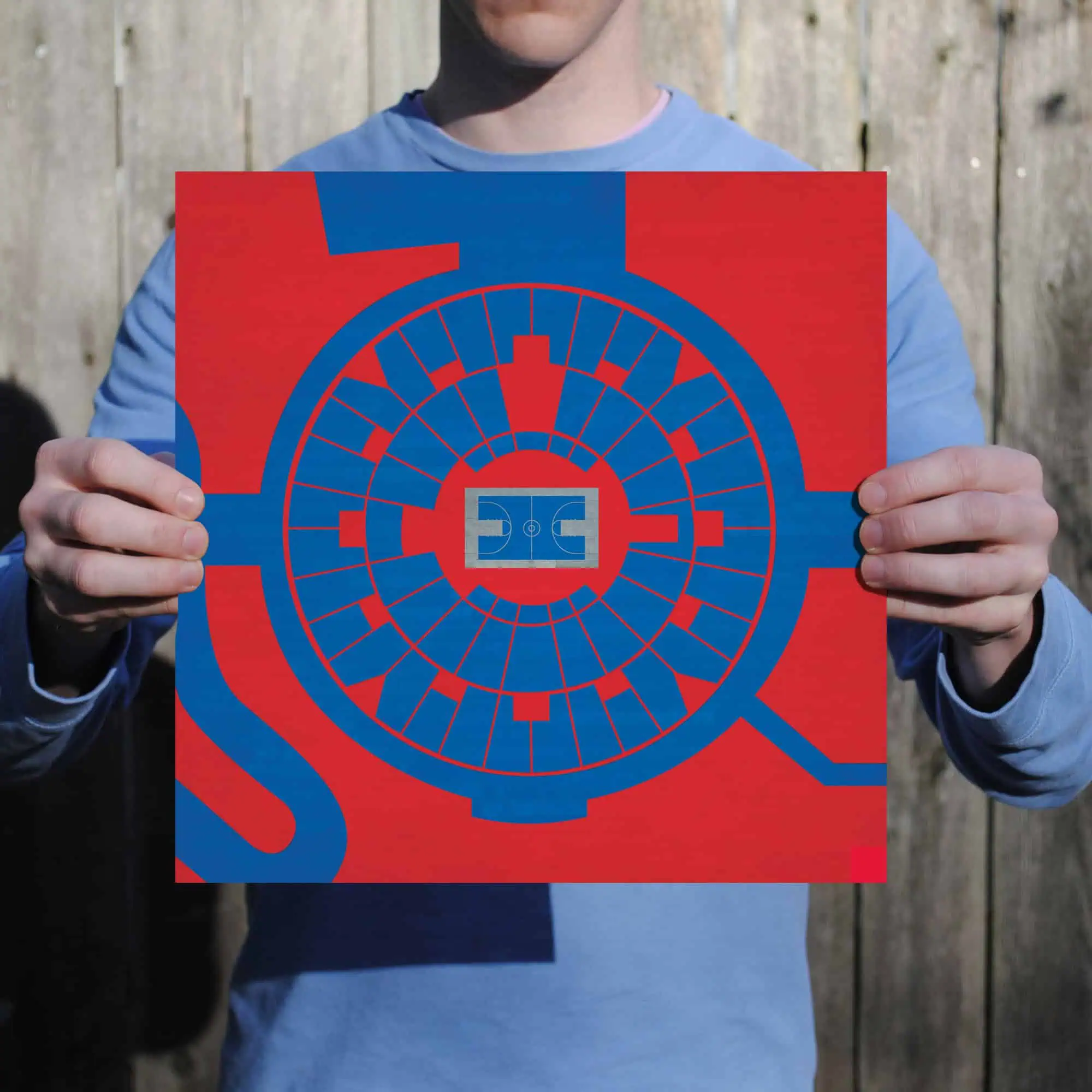 Colorful stadium seating chart for basketball game, vibrant red and blue layout, used for sports event planning, marketing, and fan engagement. Perfect for sports venues, arenas, and event organizers.