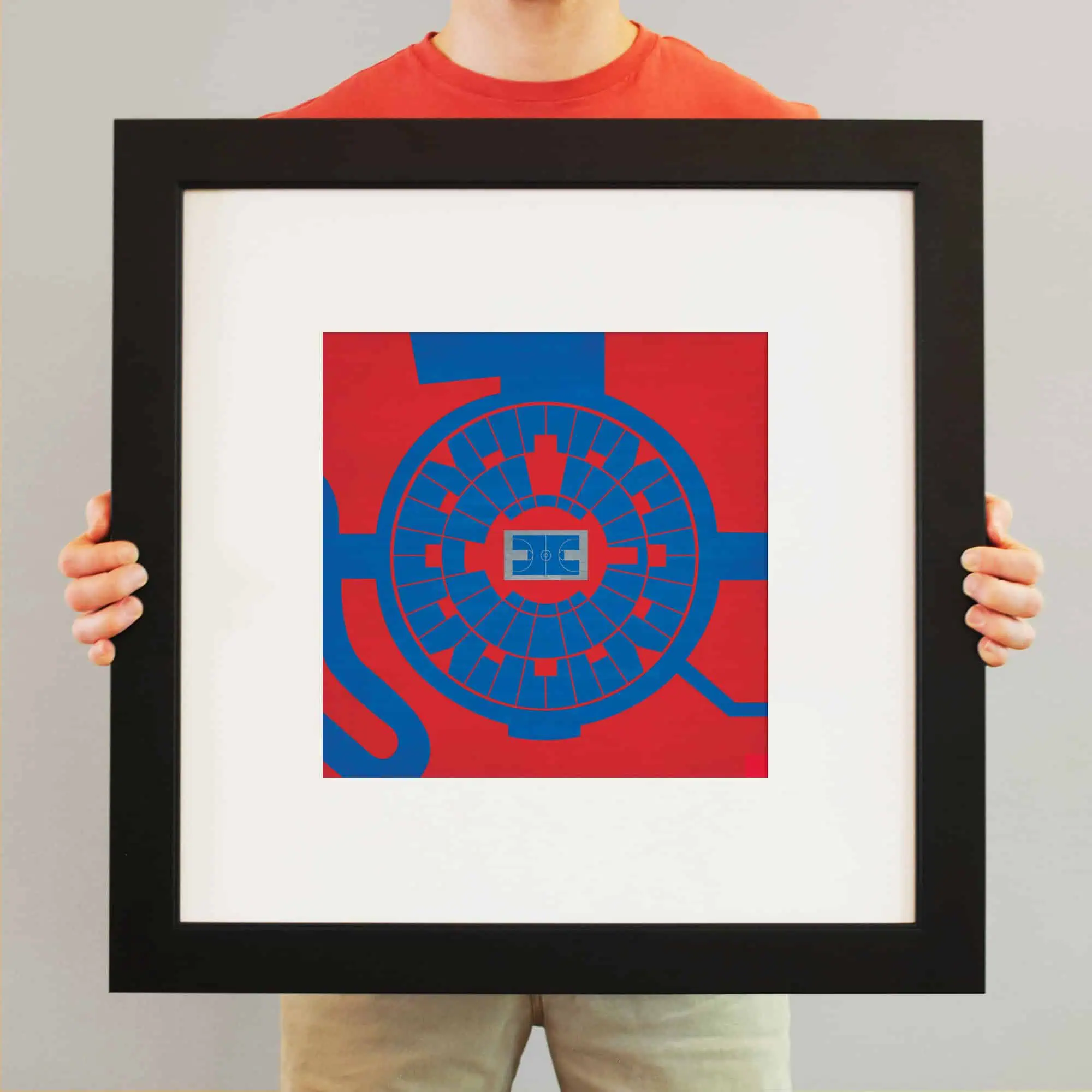 Vivid digital artwork of a hockey arena map in red and blue, framed in black, representing sports venue navigation and map art for sports fans and collectors.