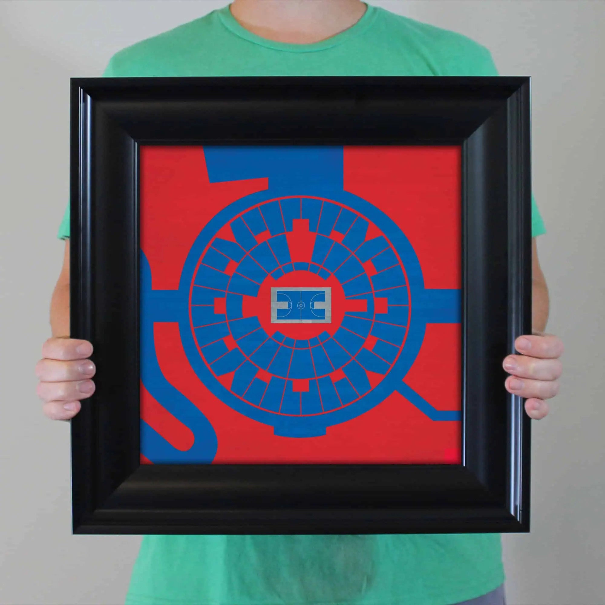 Stadium seating chart artwork with a blue and red baseball field design displayed in a black photo frame. Perfect for sports fans and seating arrangement enthusiasts, showcasing detailed stadium seating layouts.