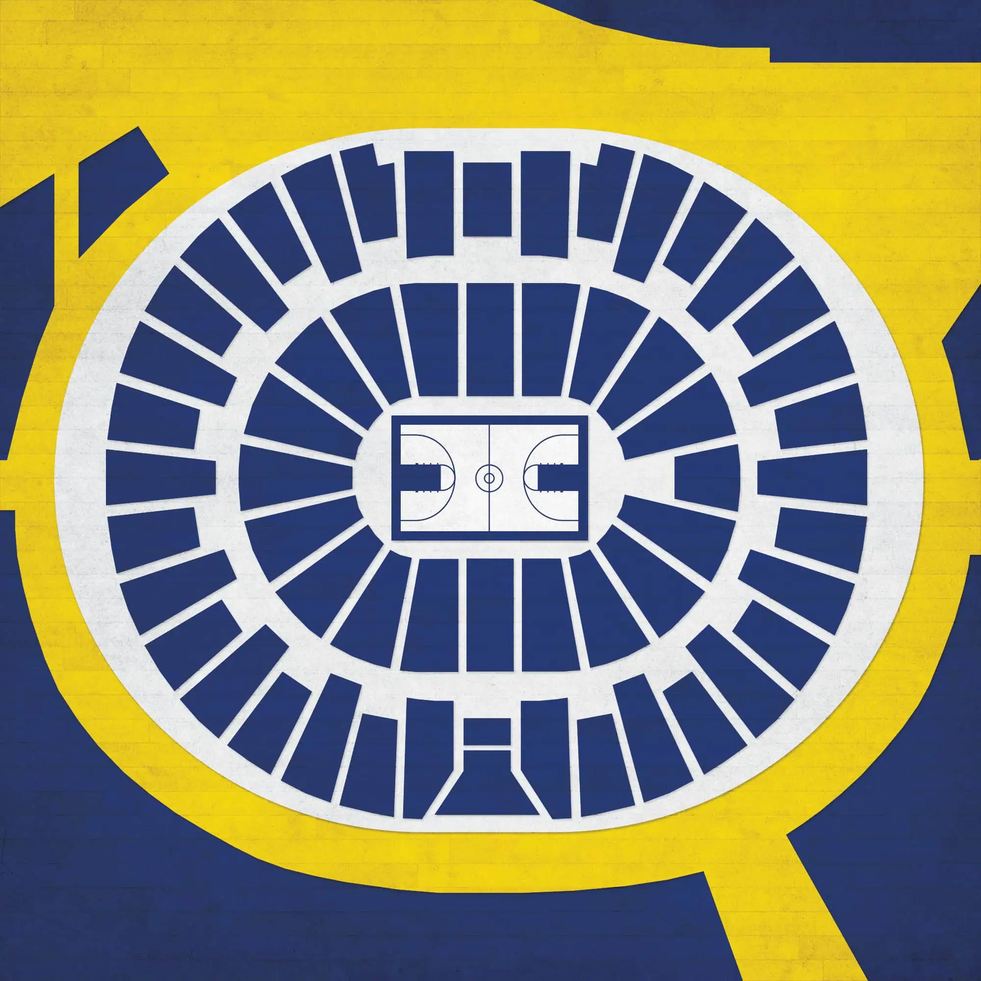 Aerial view of an indoor sports arena with a basketball court, surrounded by seating and vibrant yellow and blue design elements, perfect for sports maps and arena navigation.
