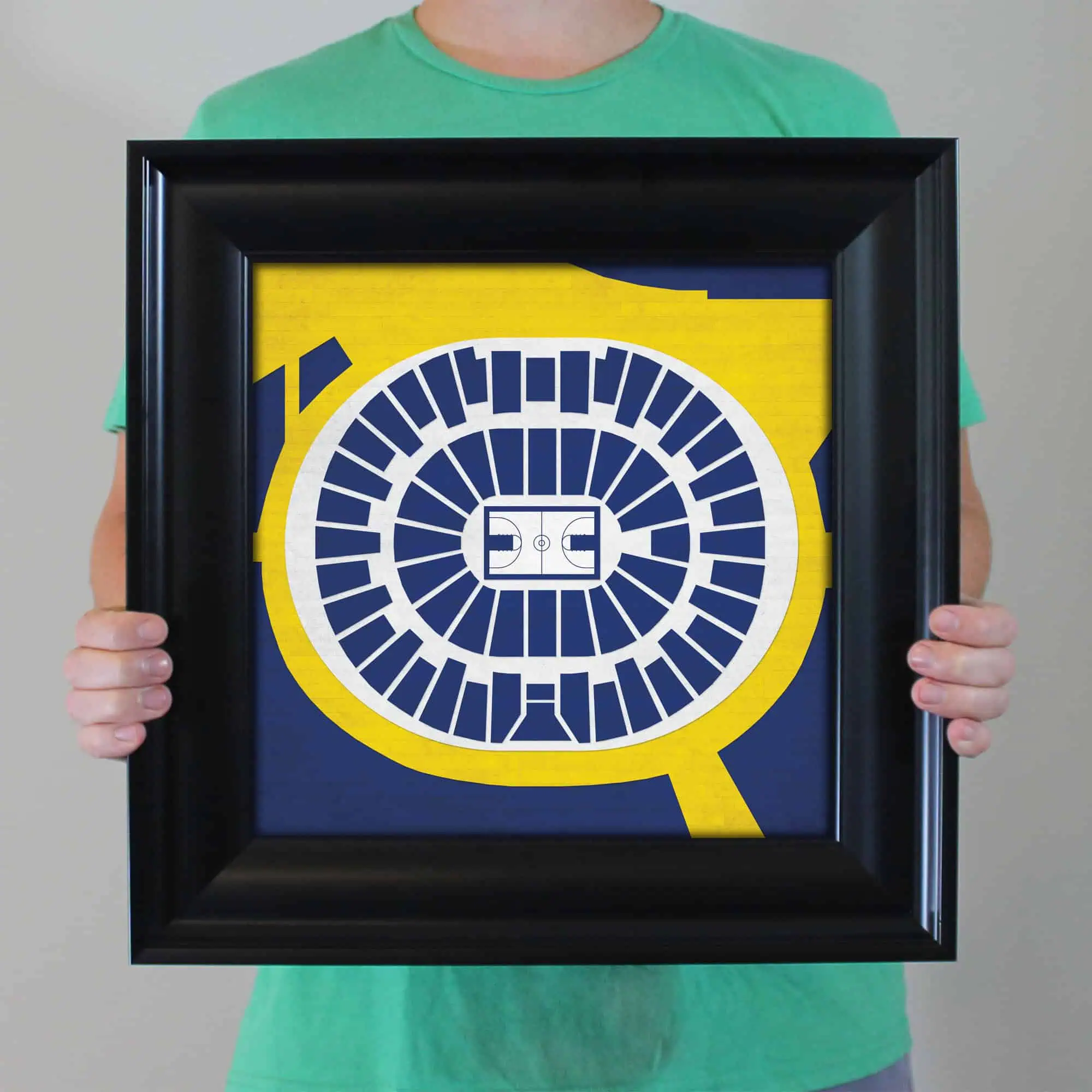Stadium map artwork featuring a basketball court, presented in a black picture frame on a vibrant yellow and blue background, ideal for sports fans and map enthusiasts.