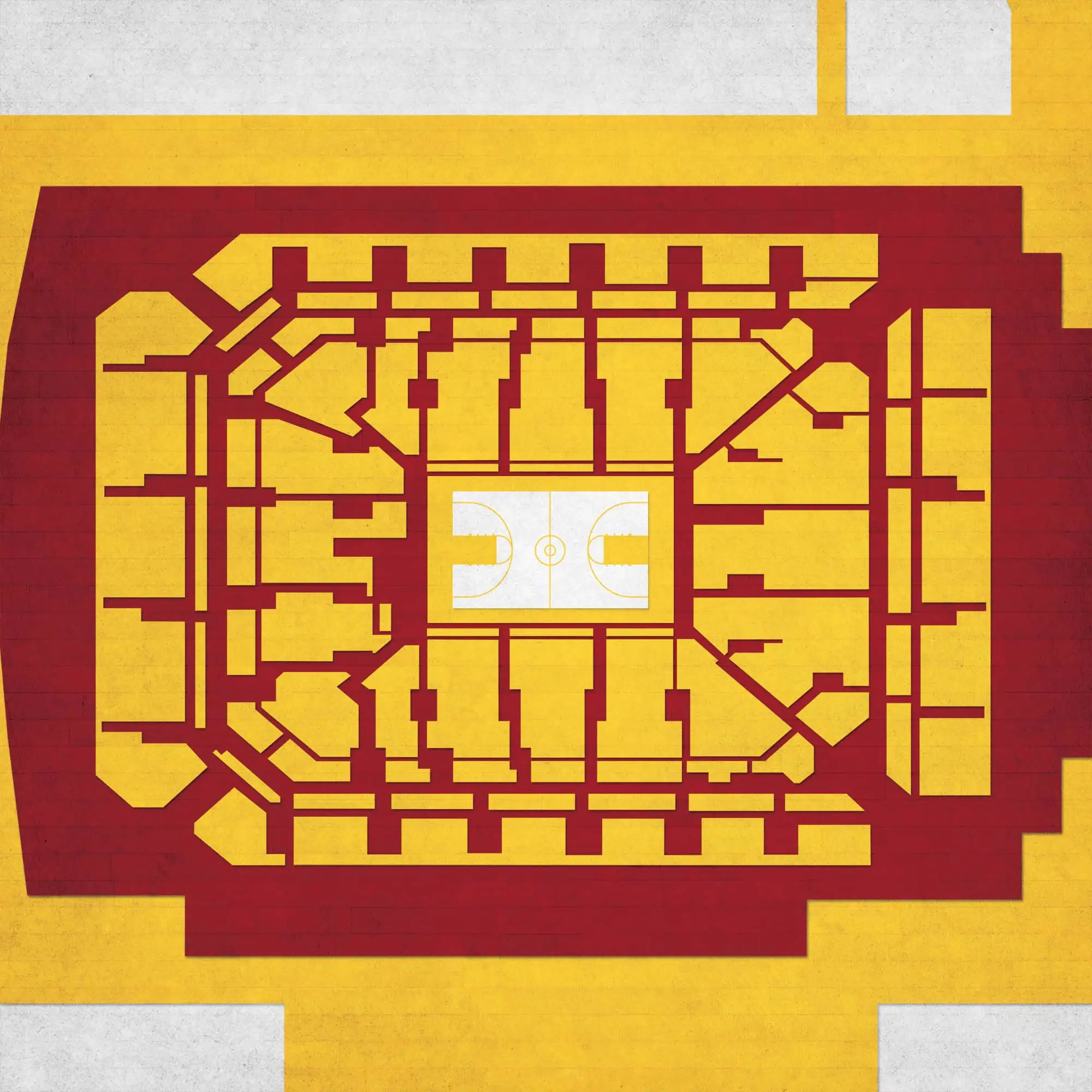 Bright red and yellow map of a basketball stadium with court layout, seating, and surrounding streets. Perfect for finding sports venue maps and basketball arena layouts from The Map Shop.