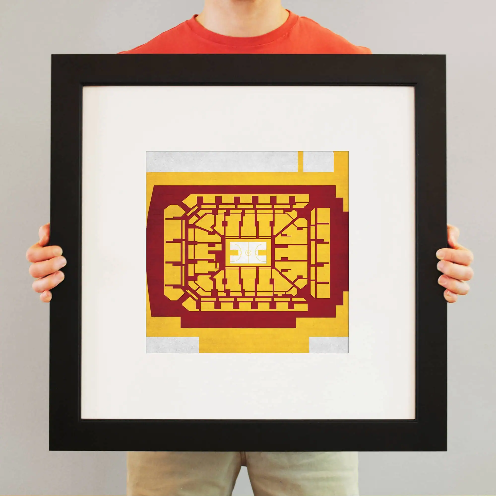 Colorful indoor sports arena map artwork framed print for wall decor.