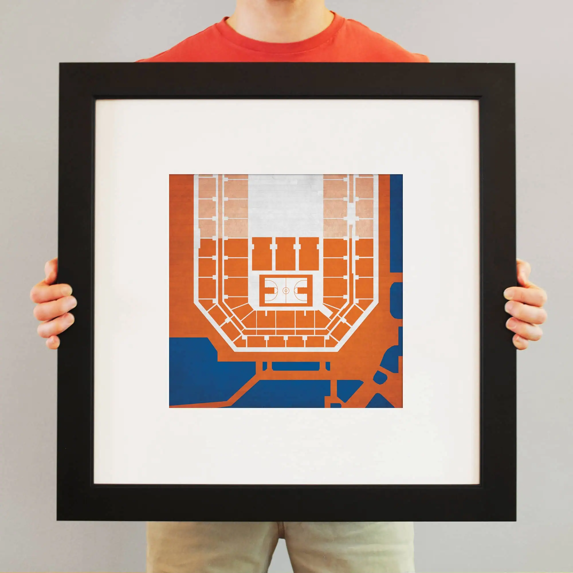 Aerial view of a basketball arena seating chart, detailed map of the sports venue highlighting seating sections, court layout, and public area arrangement for event planning and navigation.