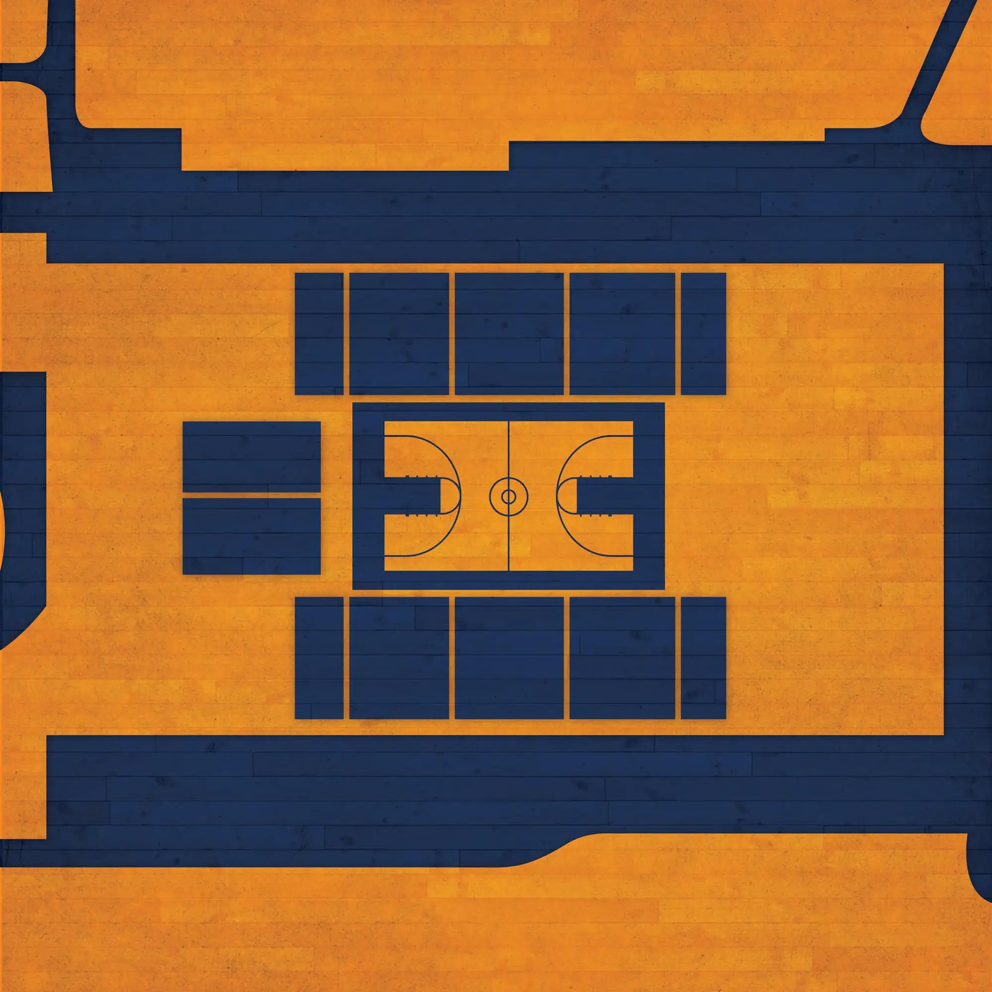 Colorful aerial view of a basketball court with surrounding sports areas, highlighting the basketball court's detailed markings, ideal for sports shops, maps, and outdoor activity planning.