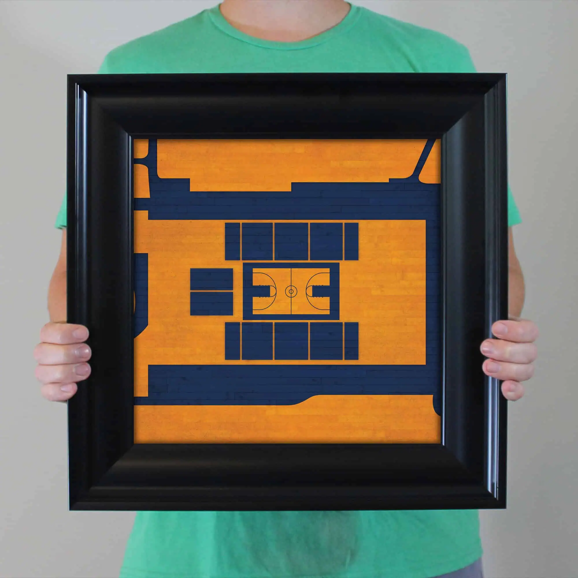 Colorful indoor basketball court floor art framed picture, ideal for sports enthusiasts and gym decor, showcasing a vibrant basketball court design with bold colors and clean lines.