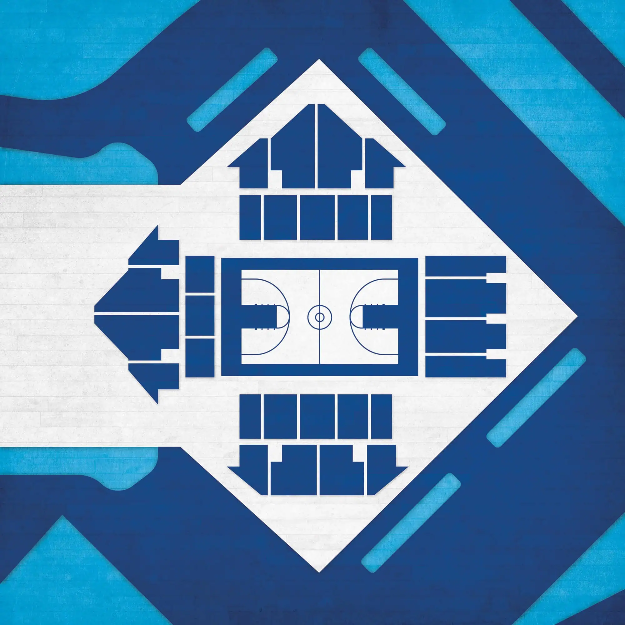 Sports complex and basketball court blueprint artwork, outdoor athletic facility layout with turf fields and track, ideal for sports enthusiasts and facility planners.