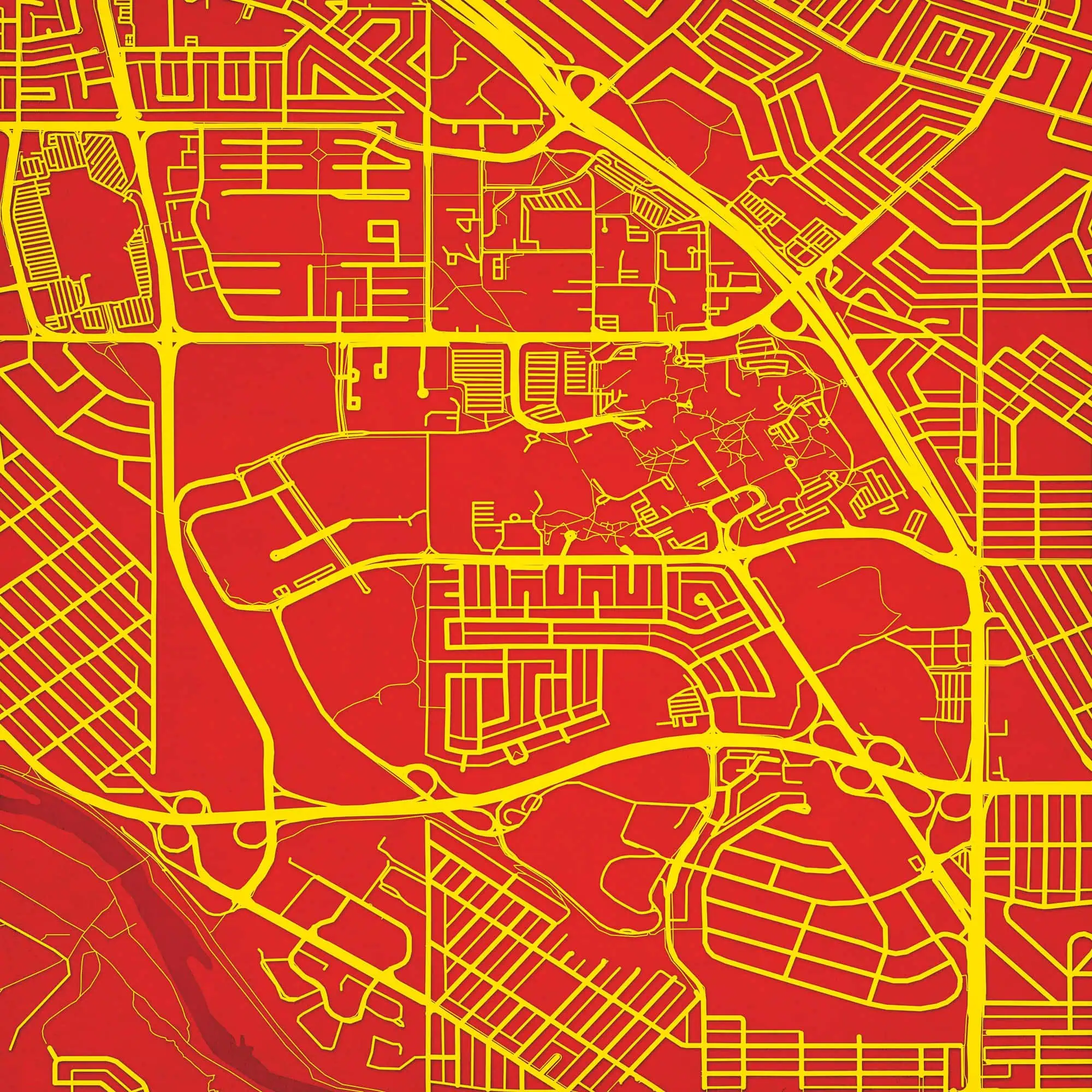 Detailed city map highlighting streets and infrastructure with a vibrant red background and yellow grid lines for easy navigation. Perfect for urban planning, navigation, and cartography enthusiasts.