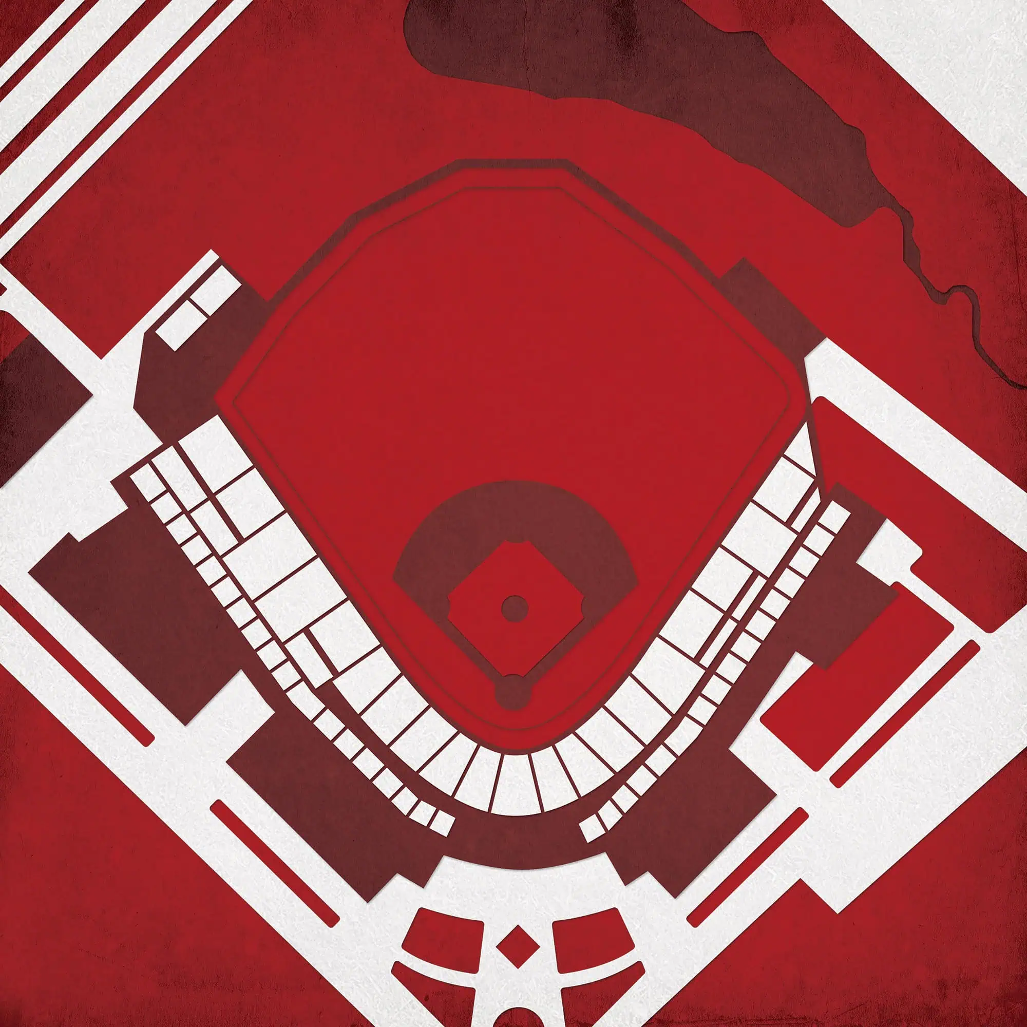 Aerial view of a baseball field, showing the layout of the diamond, infield, and outfield, with surrounding stadium seating and pathways; ideal for sports maps and stadium navigation.