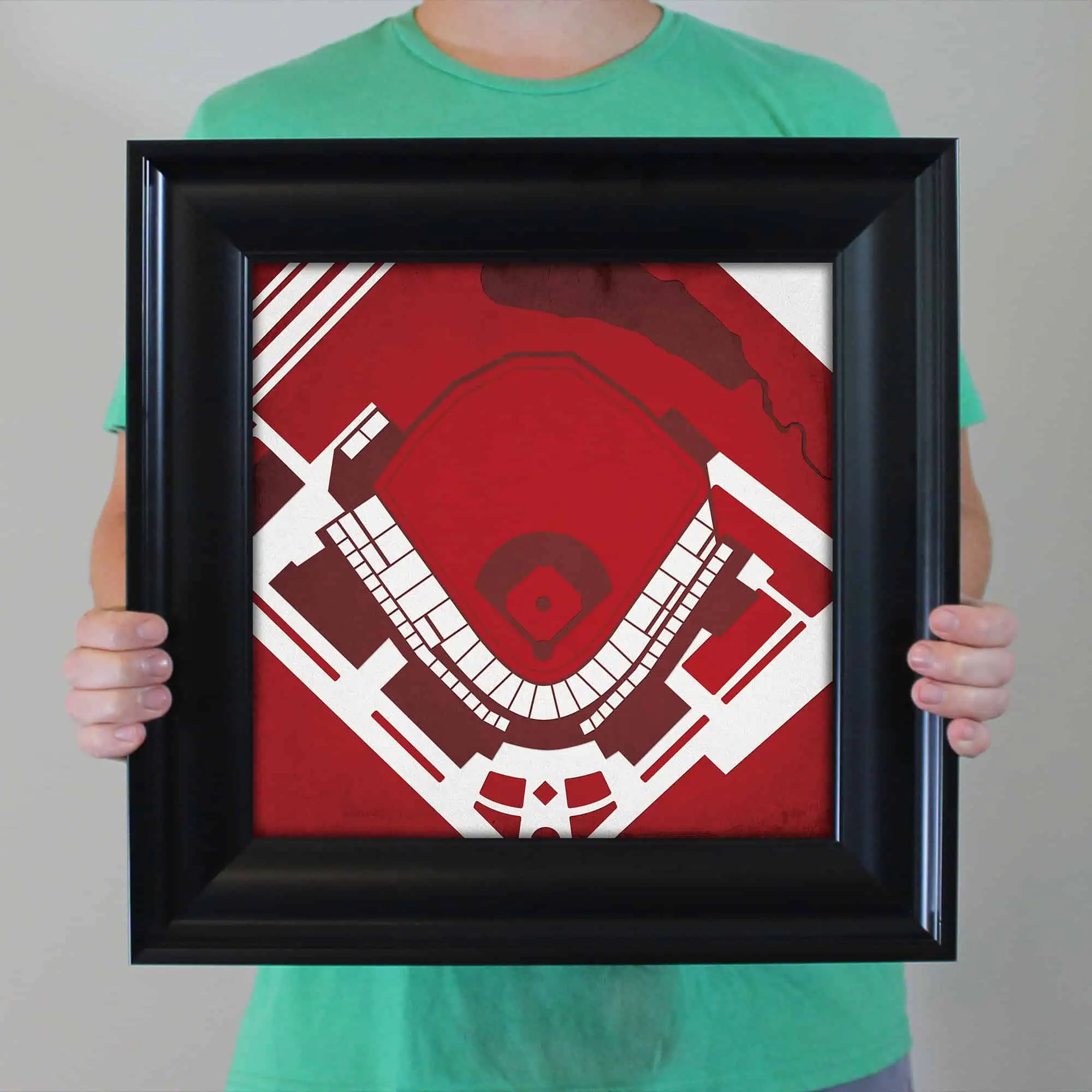 Large illustrated map of a baseball stadium, showcasing the layout and seating arrangement in bold red and white colors. Perfect for sports fans and event organizers.