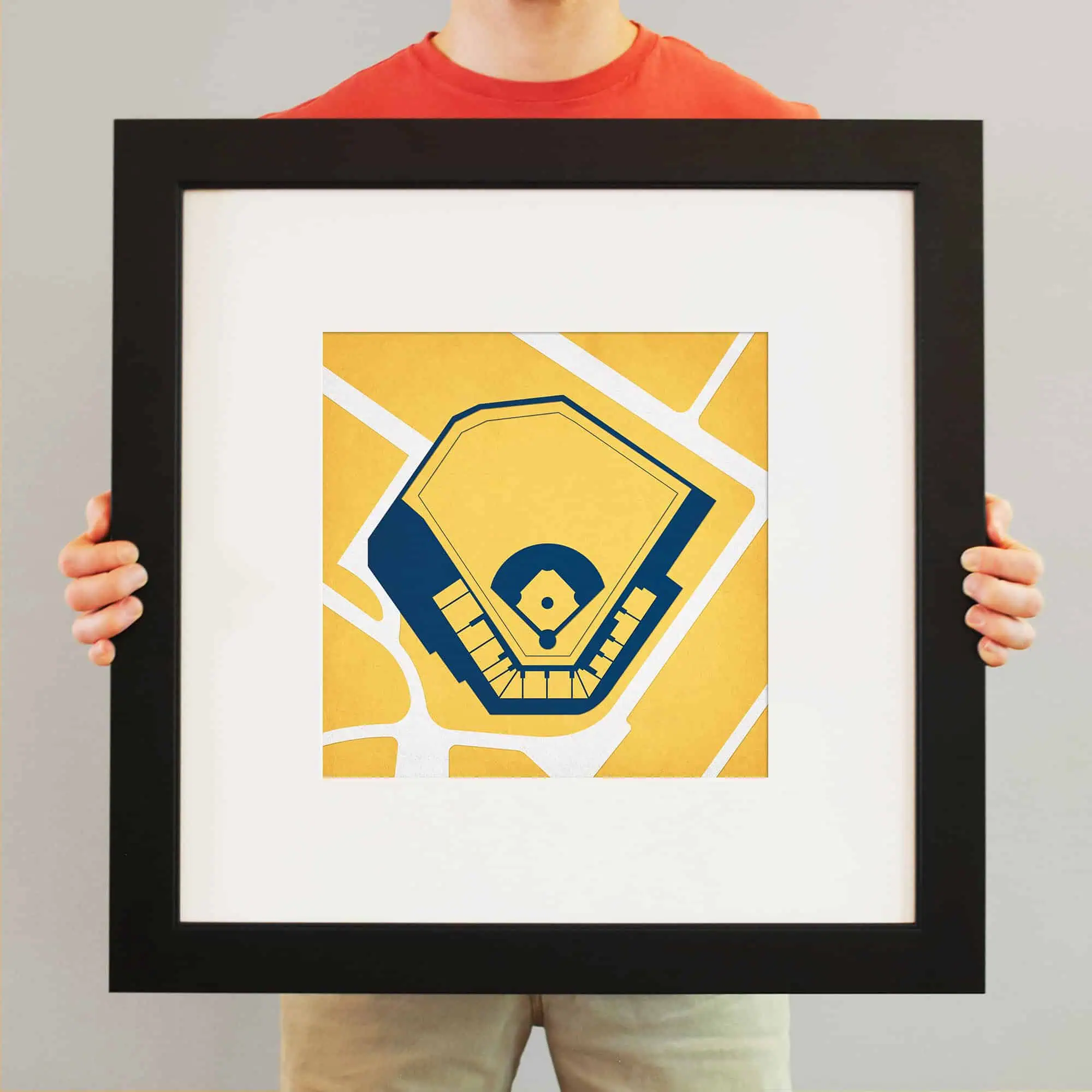 Vintage baseball stadium map artwork in a black frame, ideal for sports enthusiasts and home decor. Perfect for baseball fans, sports memorabilia, and team stadium artwork collection.