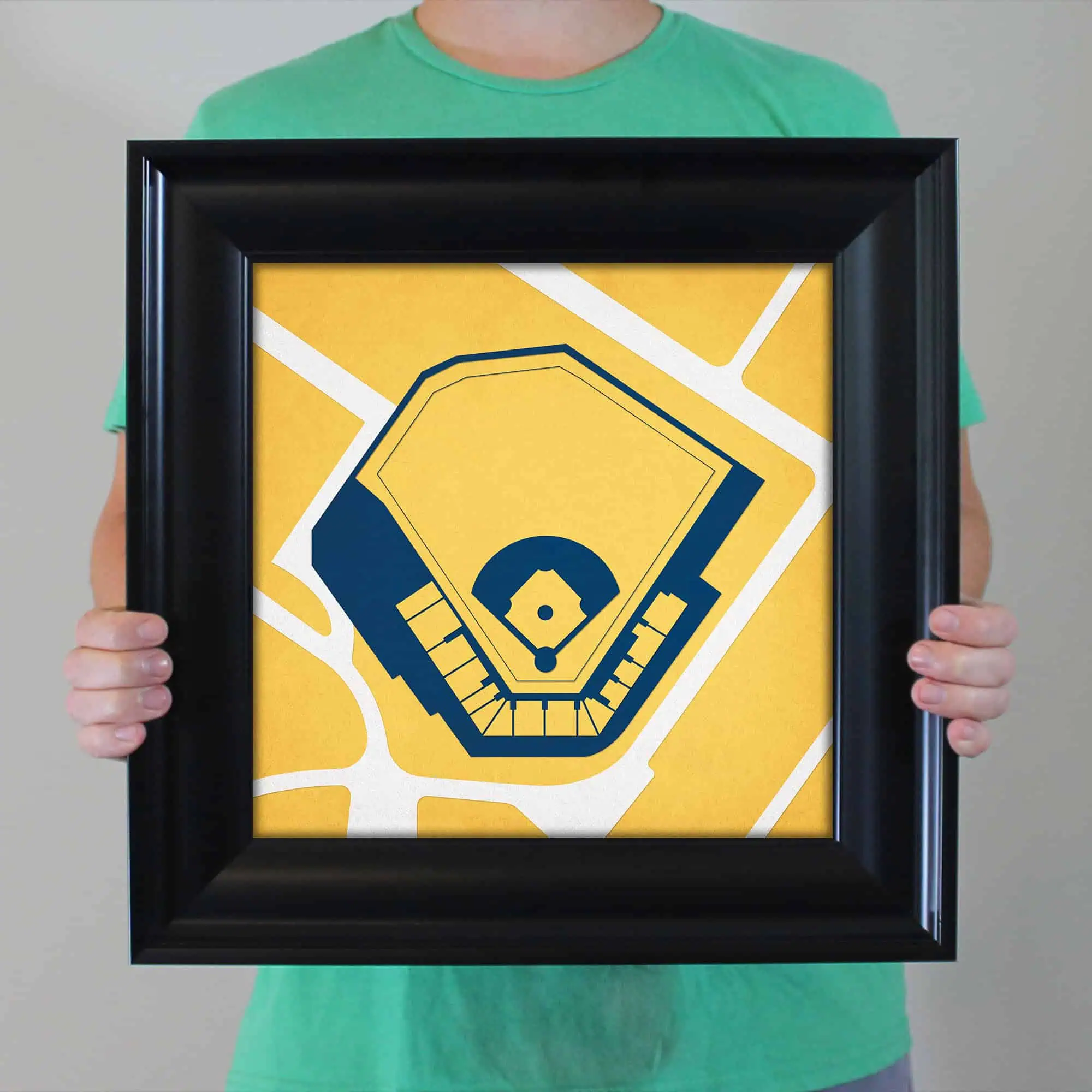 Colorful baseball stadium map artwork framed photo display for sports fans and sports memorabilia collection enthusiasts.