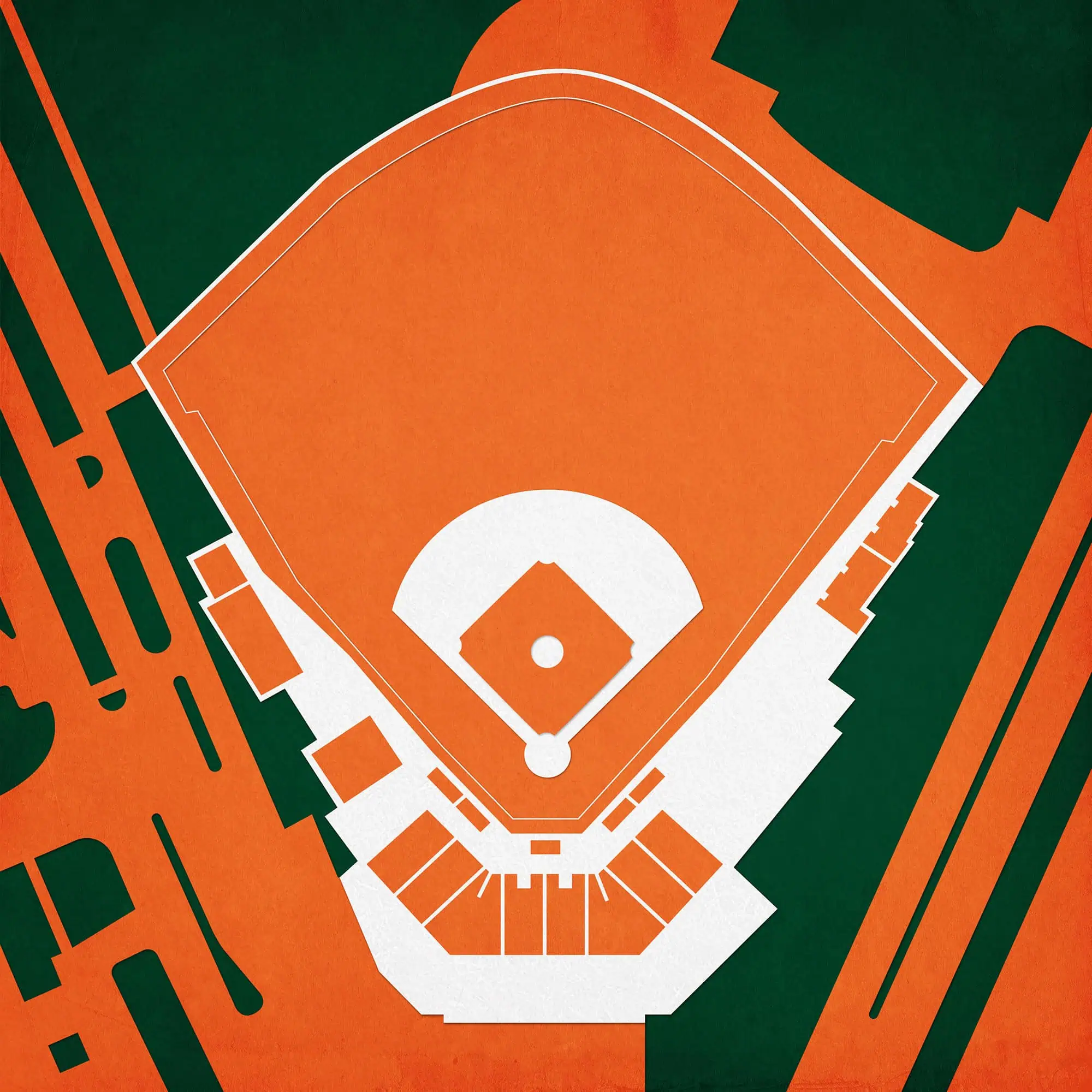 Aerial view of a baseball stadium, showcasing detailed seating, field, and surrounding areas in green, orange, and white colors for sports and map enthusiasts.
