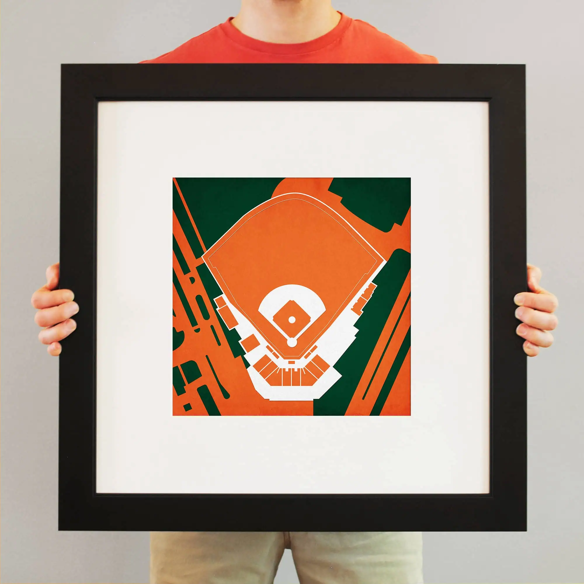Colorful baseball stadium map art print, vibrant orange and dark green design, ideal for sports fans and stadium maps enthusiasts, perfect for home or office decor.
