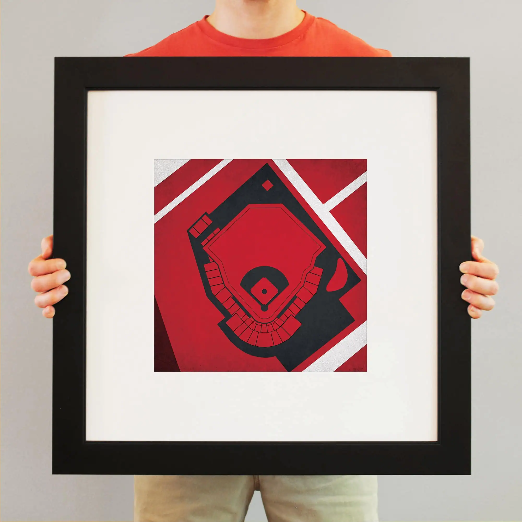 Aerial view of a baseball stadium, stadium seating and field map, on a red and black background, suitable for sports fans and stadium enthusiasts.