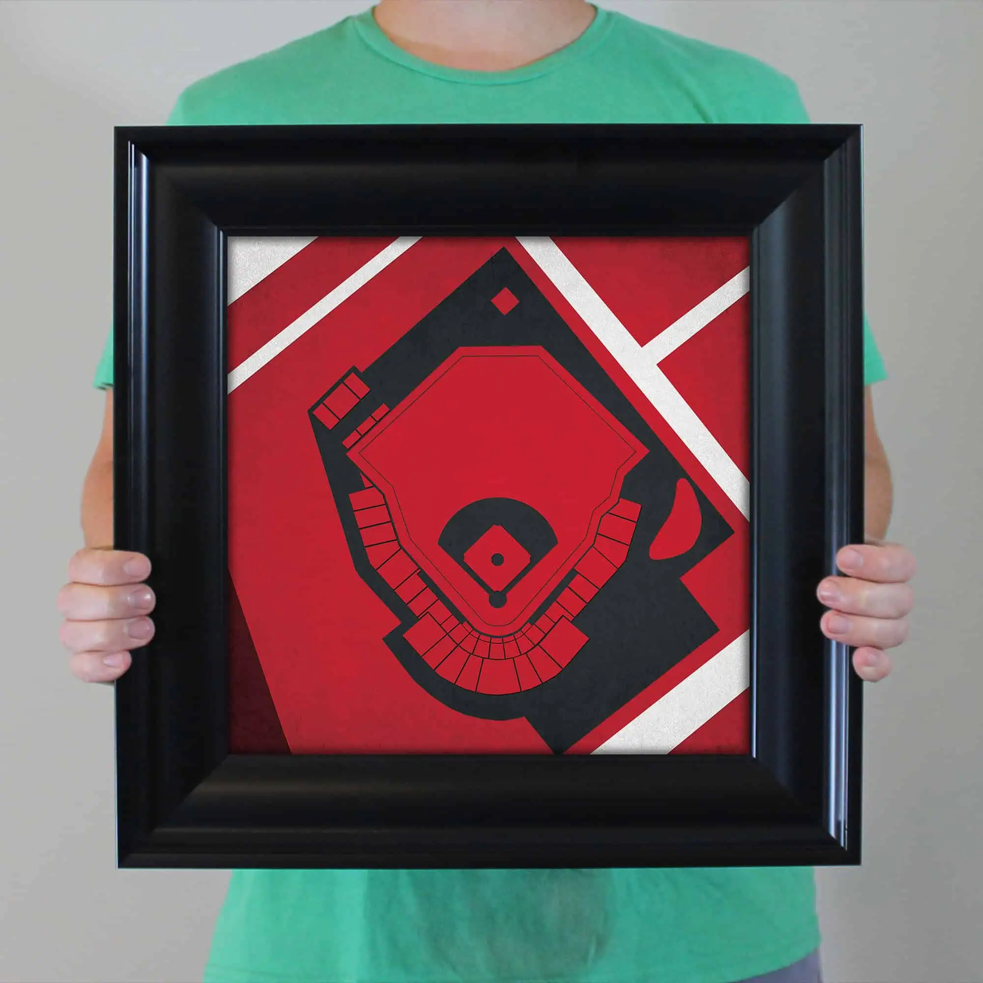 Colorful baseball stadium map artwork in a black frame, showcasing detailed seating and field layout. Perfect for sports fans and baseball enthusiasts, ideal for home or office decor.