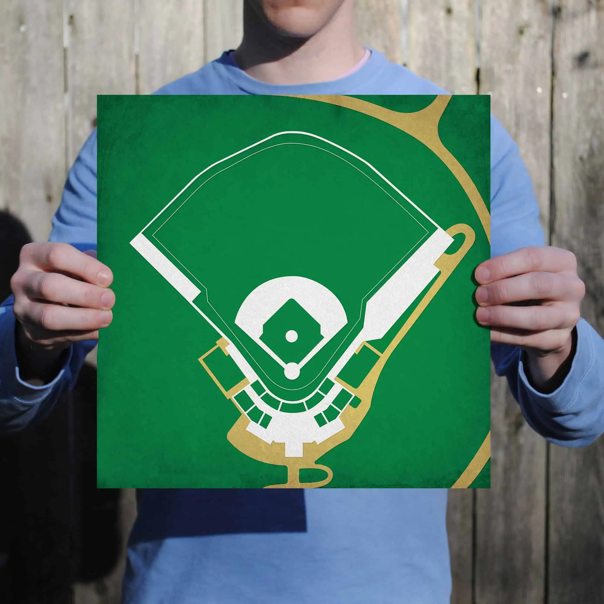 Field: Baseball stadium layout map with green field and seating arrangement for sports events.