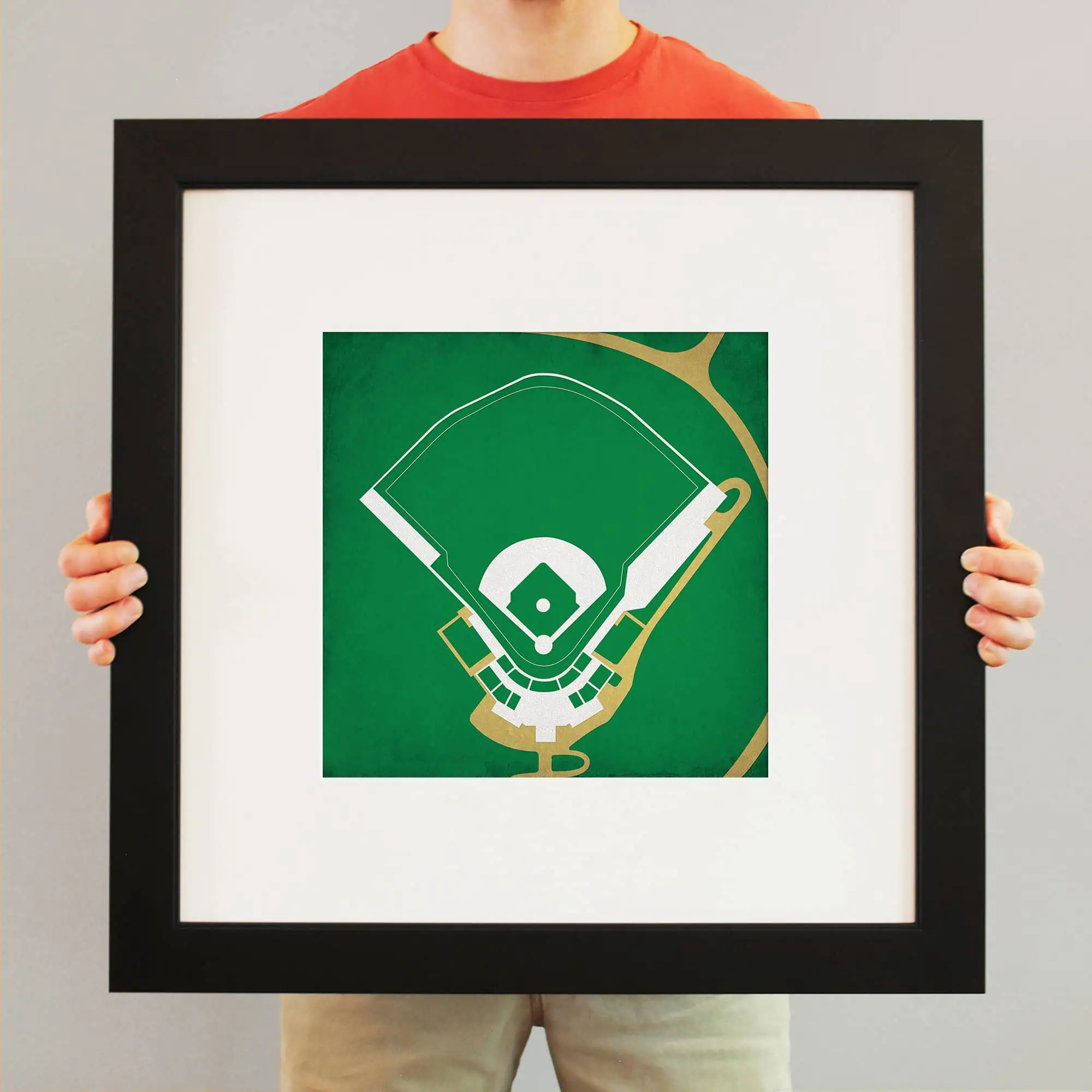 Blueprints of a baseball stadium with detailed field and seating arrangements, displayed on high-quality wall art for sports enthusiasts and stadium design fans.