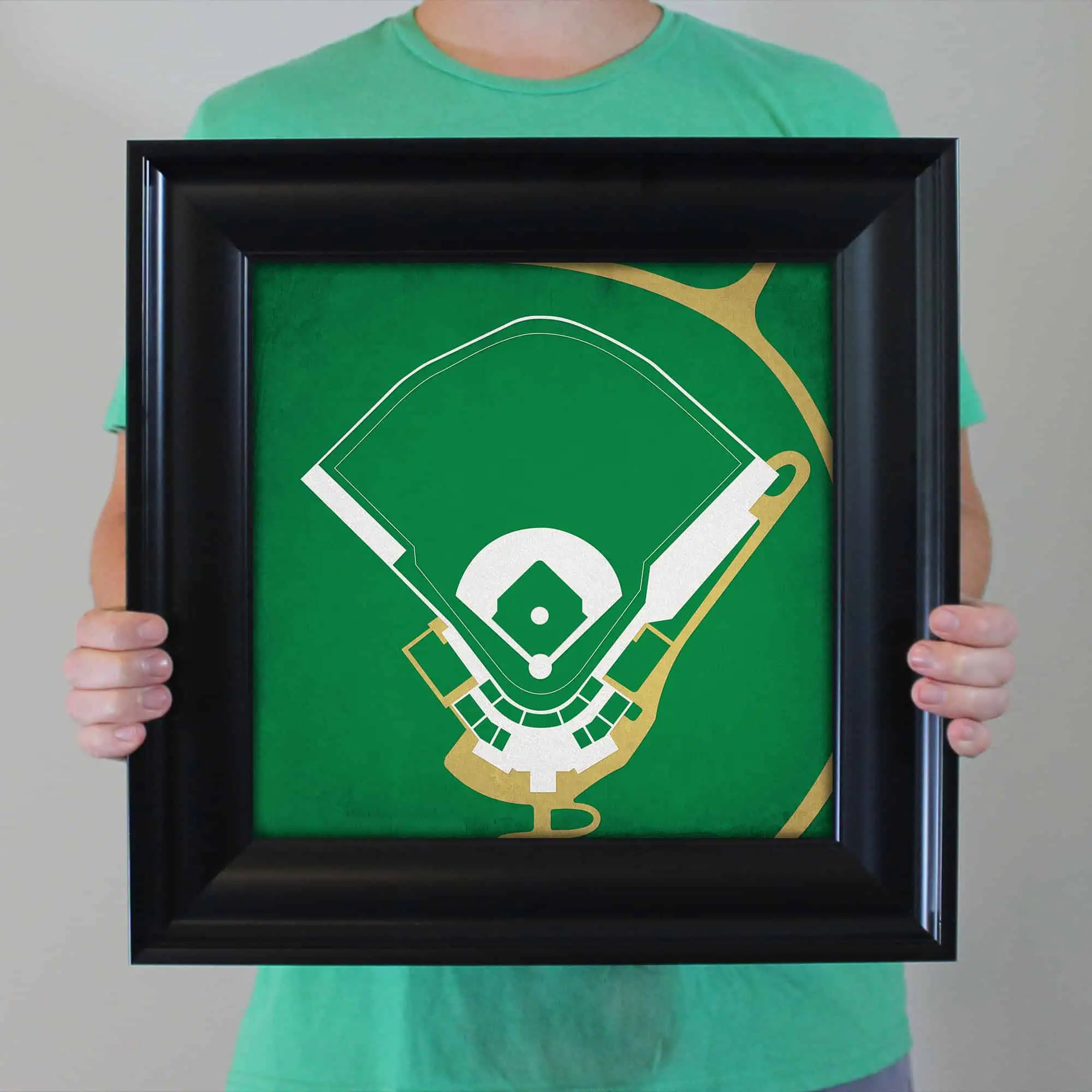 Map of a baseball stadium with field layout and seating areas, framed in black, representing sports venues and event planning places.
