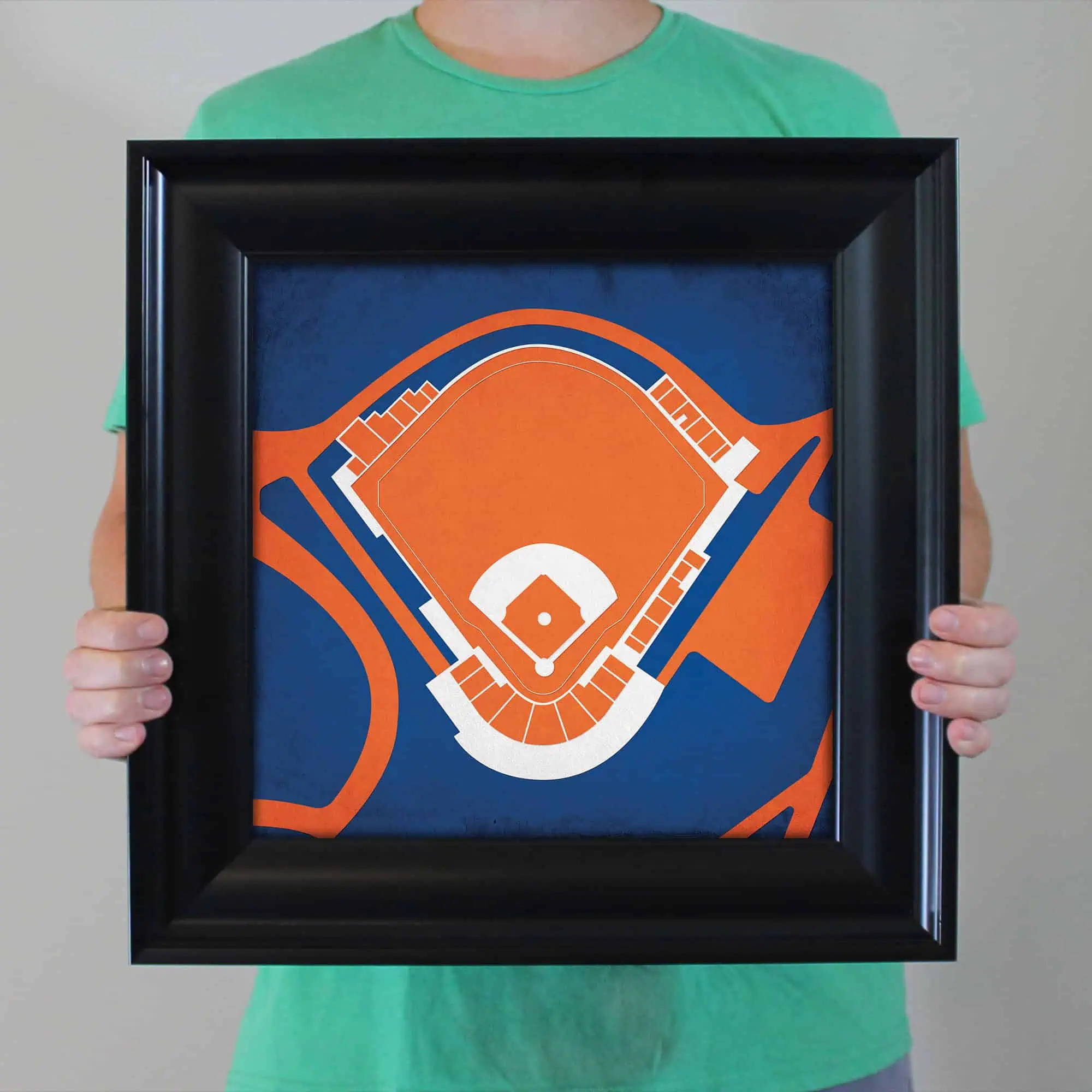 Colorful baseball stadium map print framed artwork, ideal for sports fans and home decor, showcasing detailed stadium layout with vibrant colors, perfect for baseball enthusiasts.