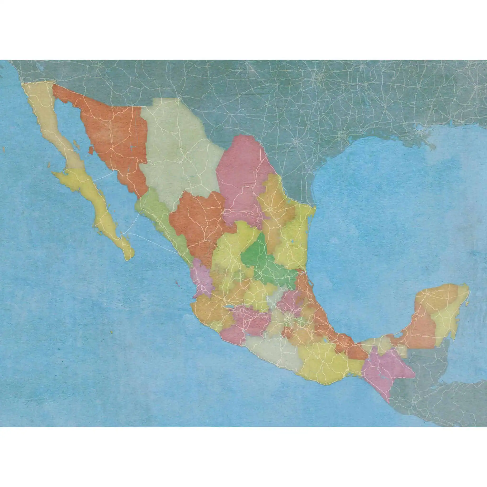 Colorful map of Mexico highlighting state borders and geographic regions, ideal for travel planning and geographic reference.