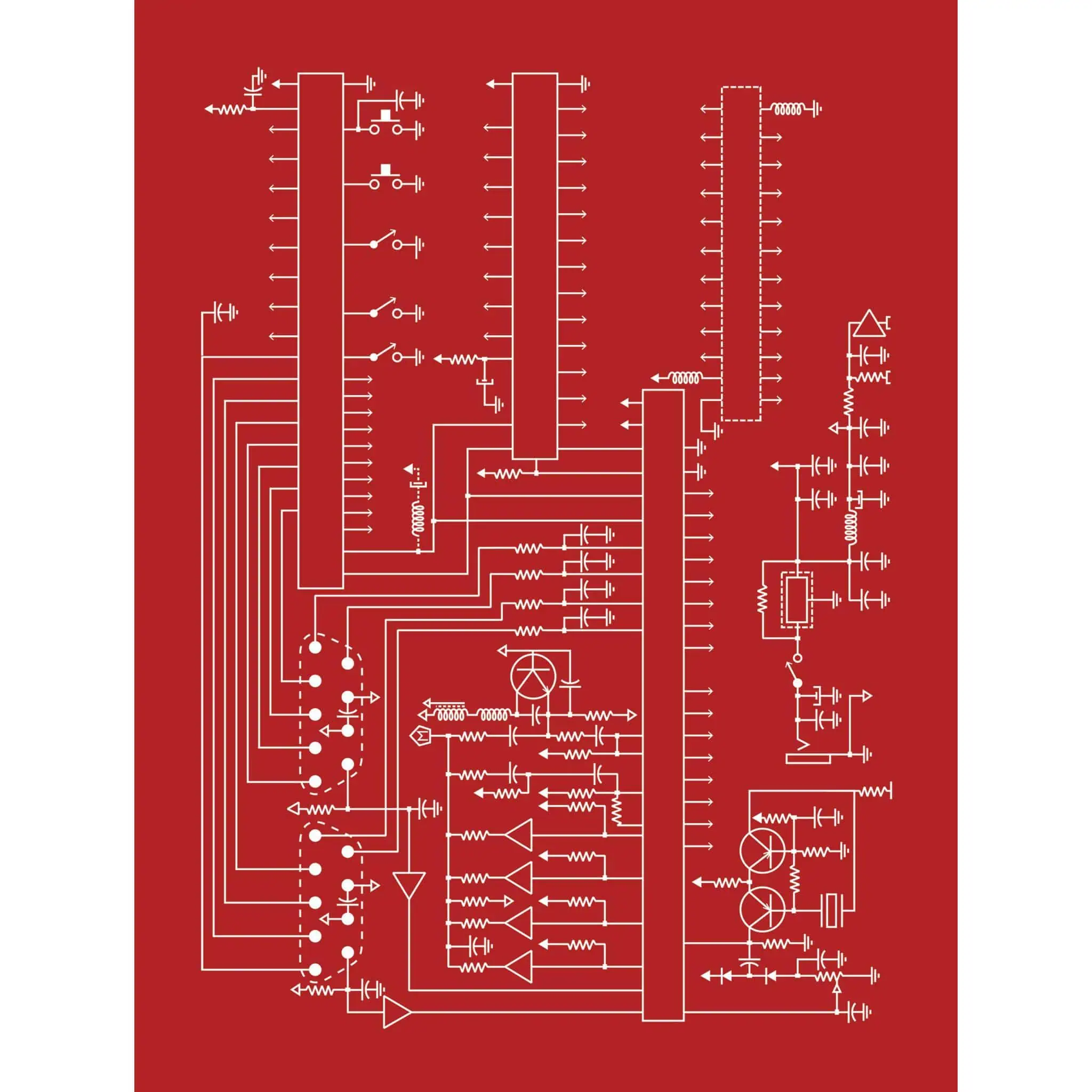 Circuit diagram featuring electronic components on a red background, illustrating electrical engineering, circuit design, and schematic symbols for technical reference.