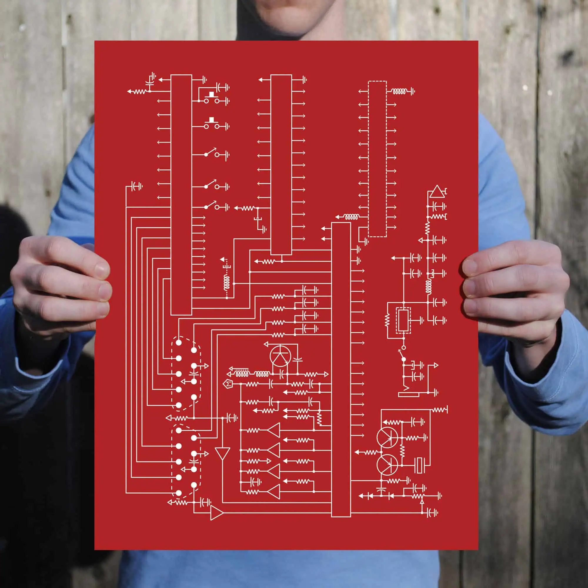 Circuit schematic diagram on red background at The Map Shop.