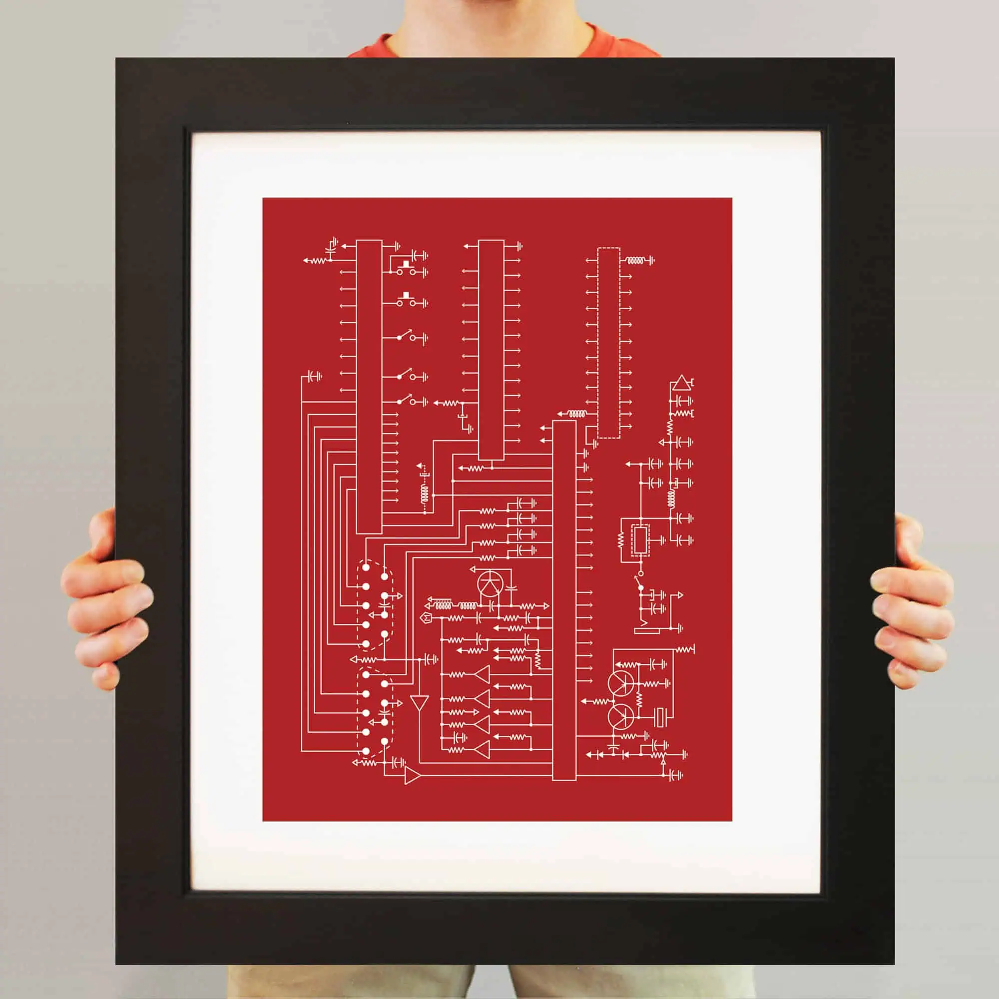 Detailed electrical circuit diagram framed art, educational wall decor for engineering enthusiasts, vintage blueprint-style illustration of electronic schematics, perfect for engineering offices or classrooms.