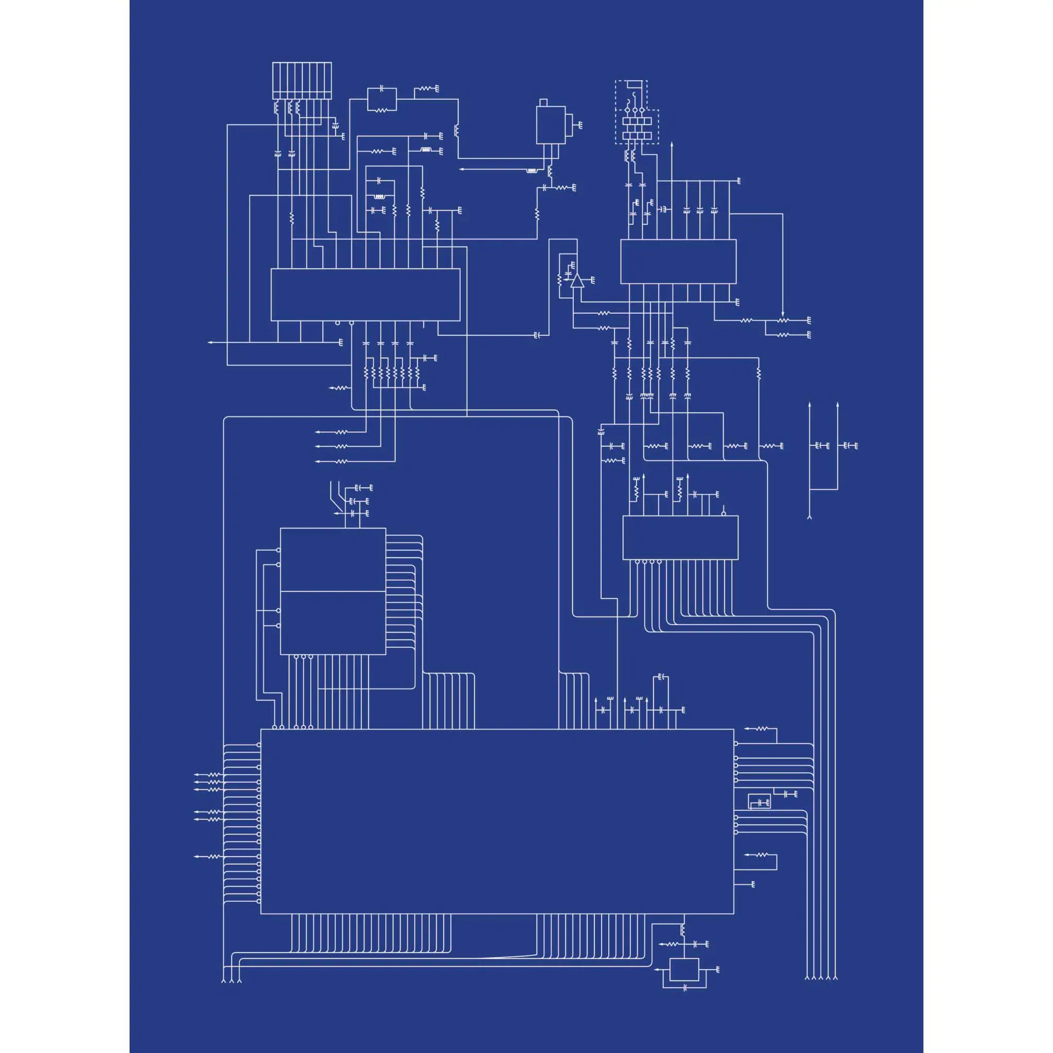 2. Detailed electronic circuit diagram featuring integrated chips, resistors, capacitors, and wiring on a blue background, showcasing technical electronic schematics.