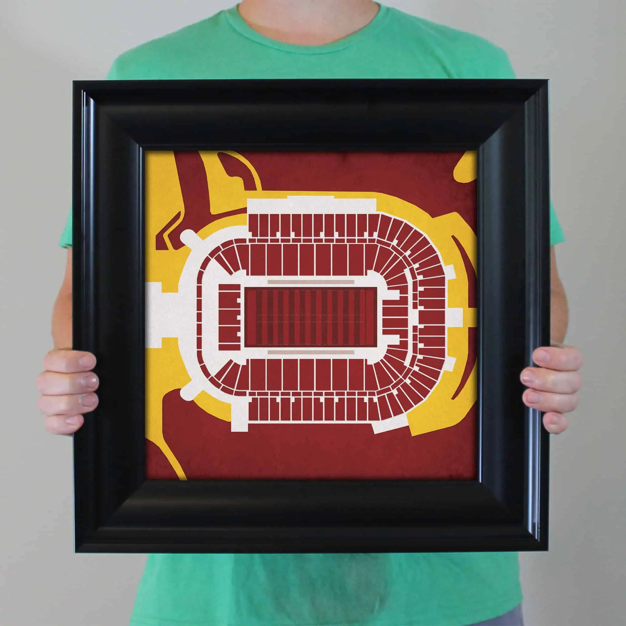 A detailed stadium seating chart artwork, showcasing an overhead view of the sports arena layout with vibrant colors and intricate design elements.