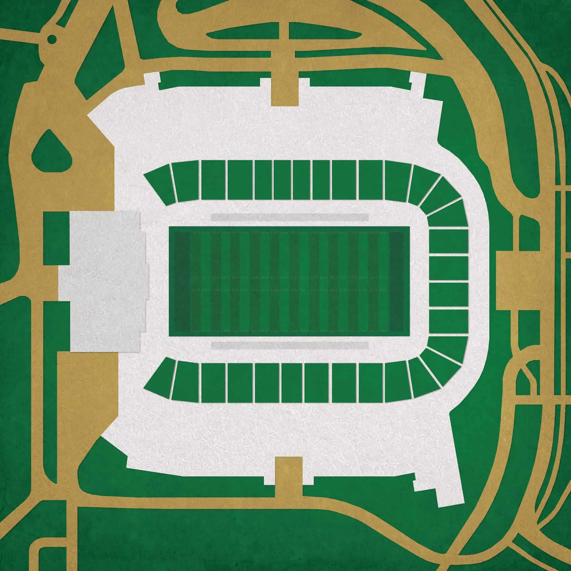 Aerial view of a sports stadium with seating, playing field, and surrounding roads, showcasing stadium maps, sports venues, and event spaces.