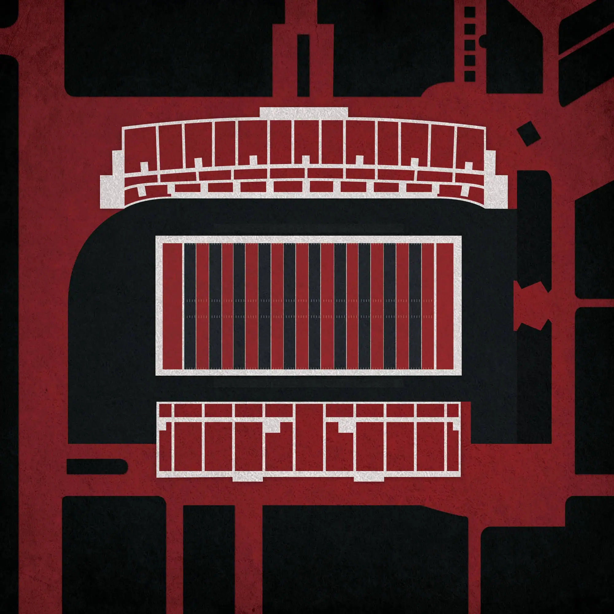 High-resolution map illustration of a stadium layout with surrounding streets, ideal for sports venues, event planning, or cartography resources from The Map Shop.
